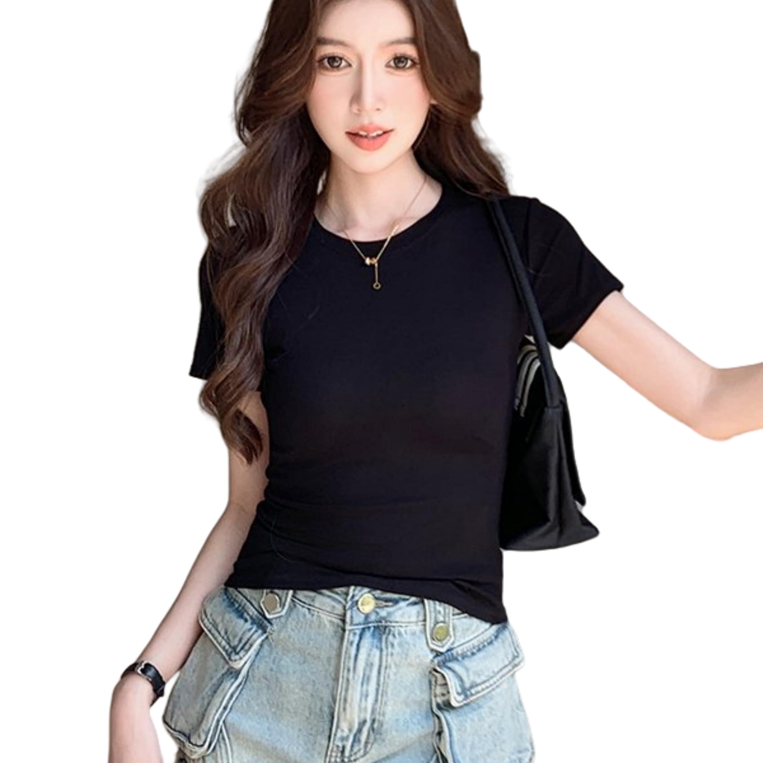 【送料無料】[KOEKOI] Tシャツ へそ出し レディース カットソー 半袖 ショート丈 トップス クロップド シンプル 着痩せ お出かけ 丸首 無地 ショートtシャツ 夏 秋 ダンス 大きいサイズ 半袖シャツ セクシー 色：通常-黒、サイズ：XL