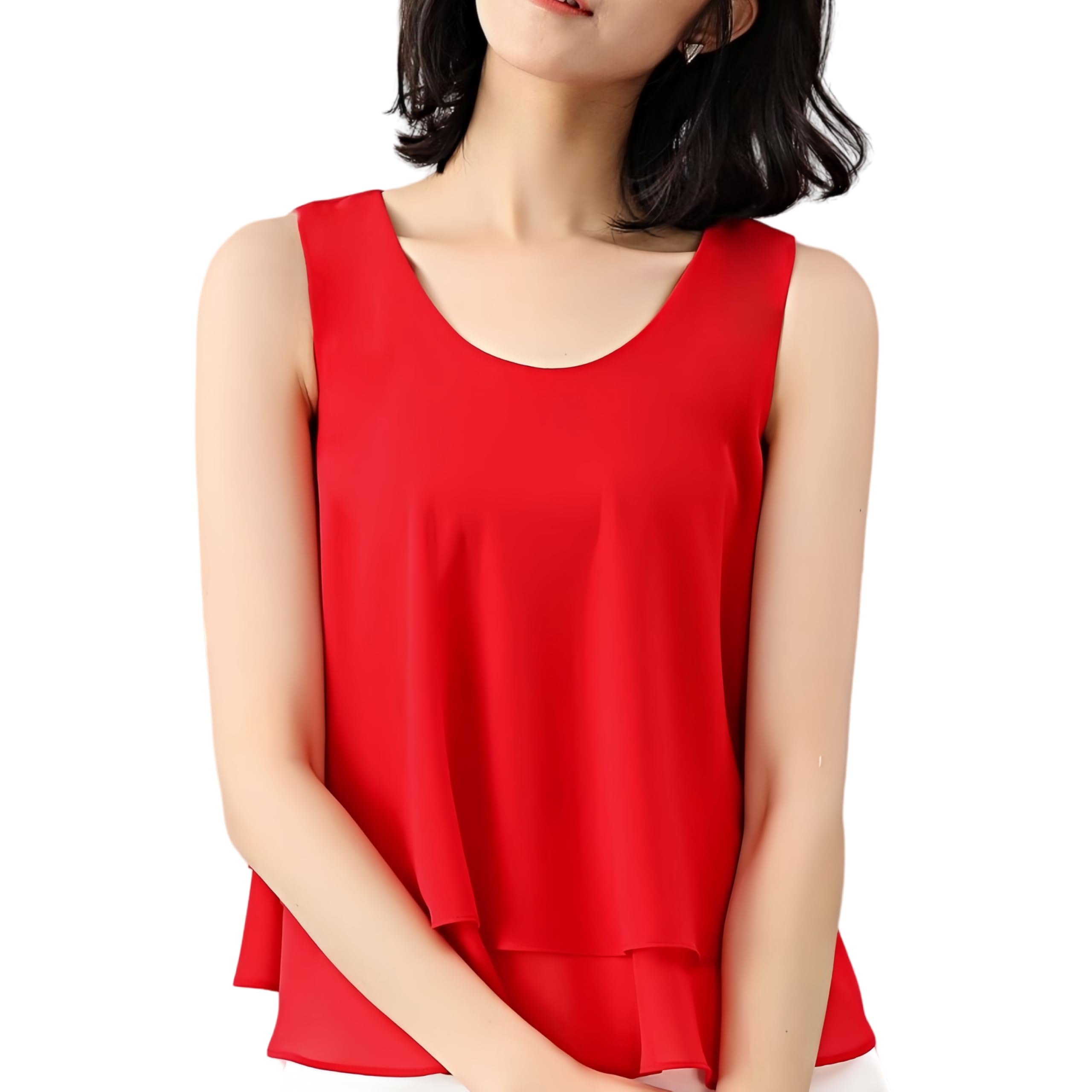 【送料無料】[KOEKOI] タンクトップ レディース シフォン ノースリーブ カットソー トップス インナー キャミソール シャツ ブラウス 重ね着 uvカット 無地 オフィス 薄手 体型カバー 色：レッド、サイズ：XL-2XL