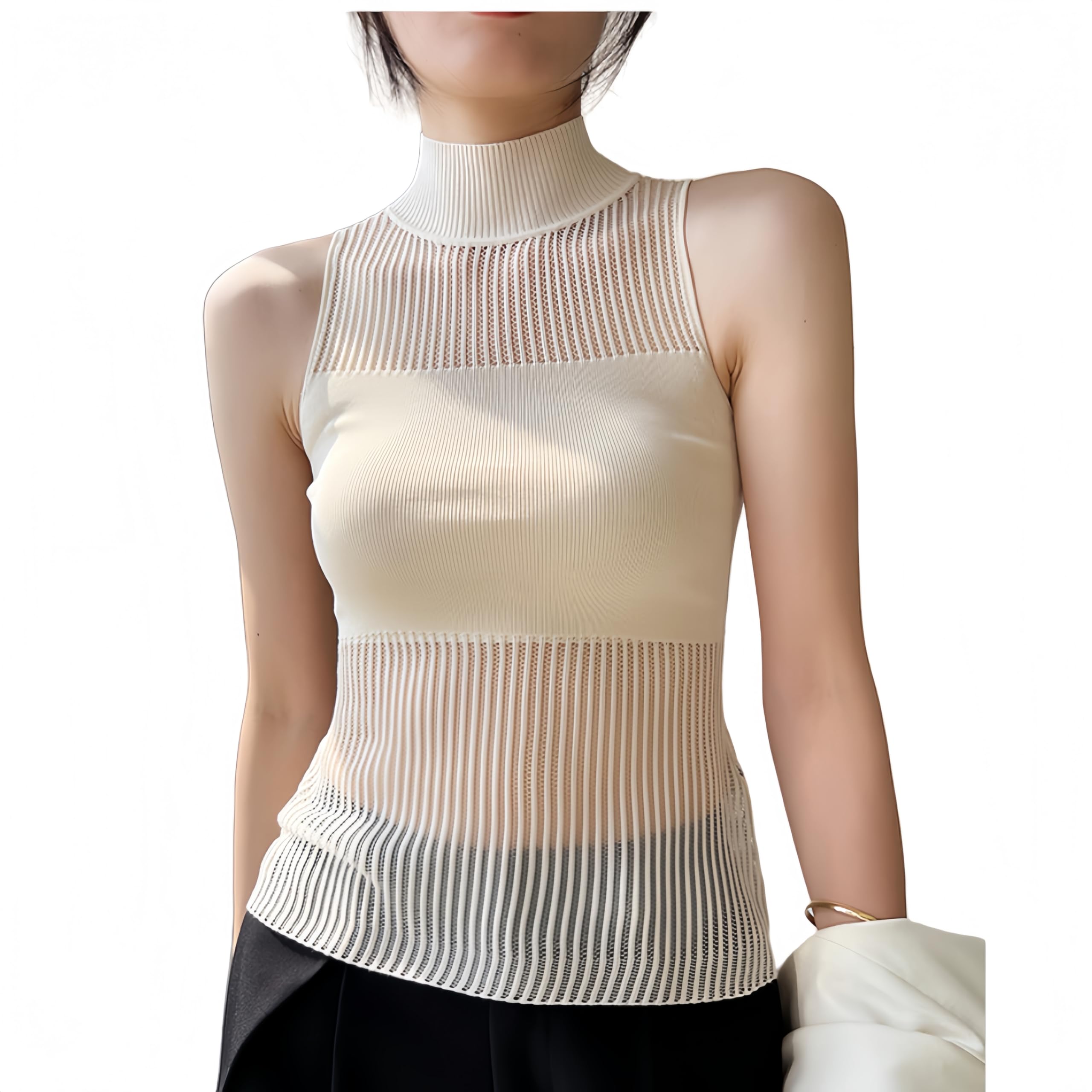 【送料無料】[KOEKOI] タンクトップ レディース トップス ニット ノースリーブ ショート丈 へそ出し重ね着 夏 キャミソール Tシャツ 薄手 カットソー ハイネック 付け襟 タートルネック 色：肌色、サイズ：Free Size