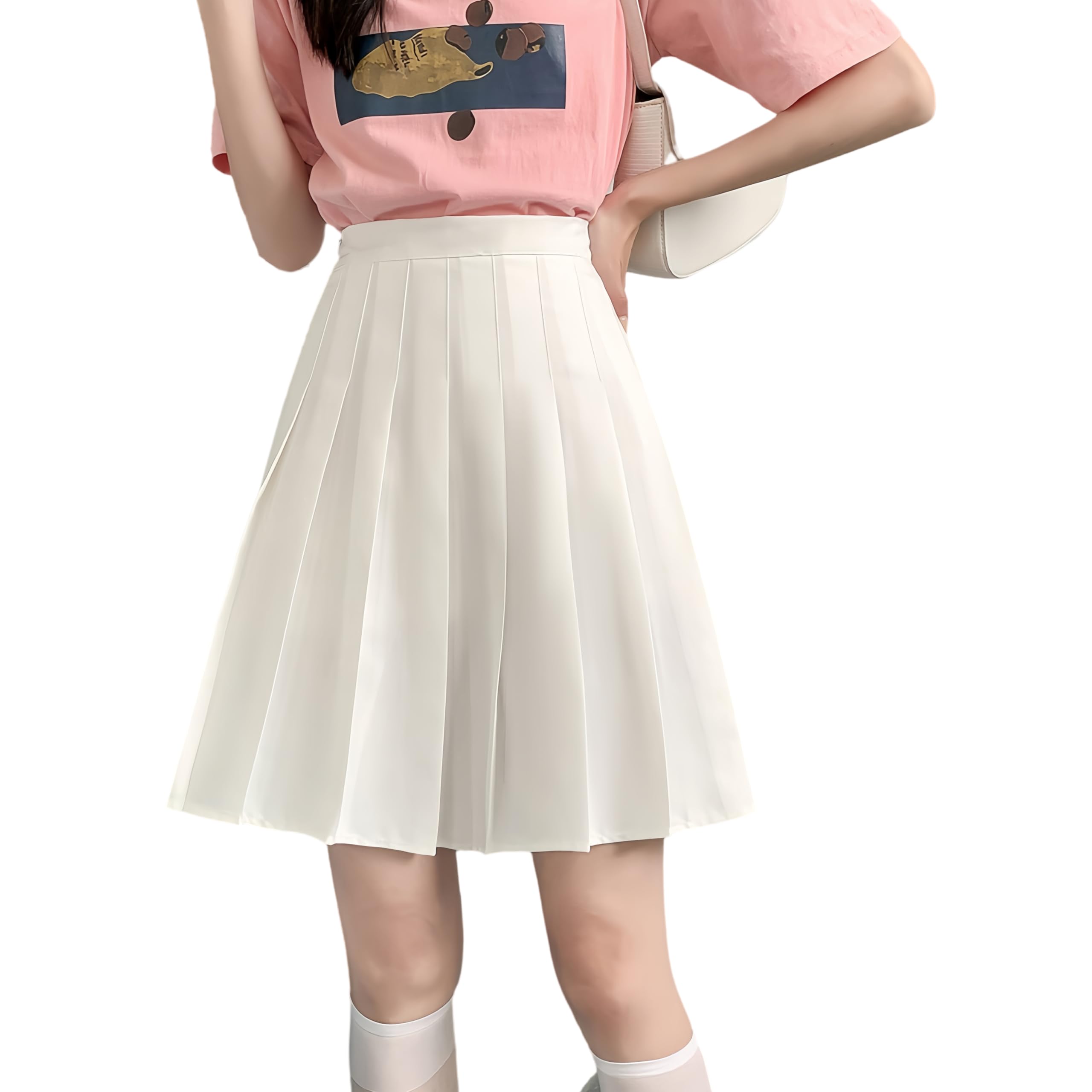 【送料無料】[KOEKOI] プリーツスカート ミニ スカート レディース 美脚 セクシースカート パンツ付き オフィス OL 制服 コスチューム セーラー服 卒業式 プリーツ 日系 美尻 ハイウエスト 色：白-無地-44CM、サイズ：L