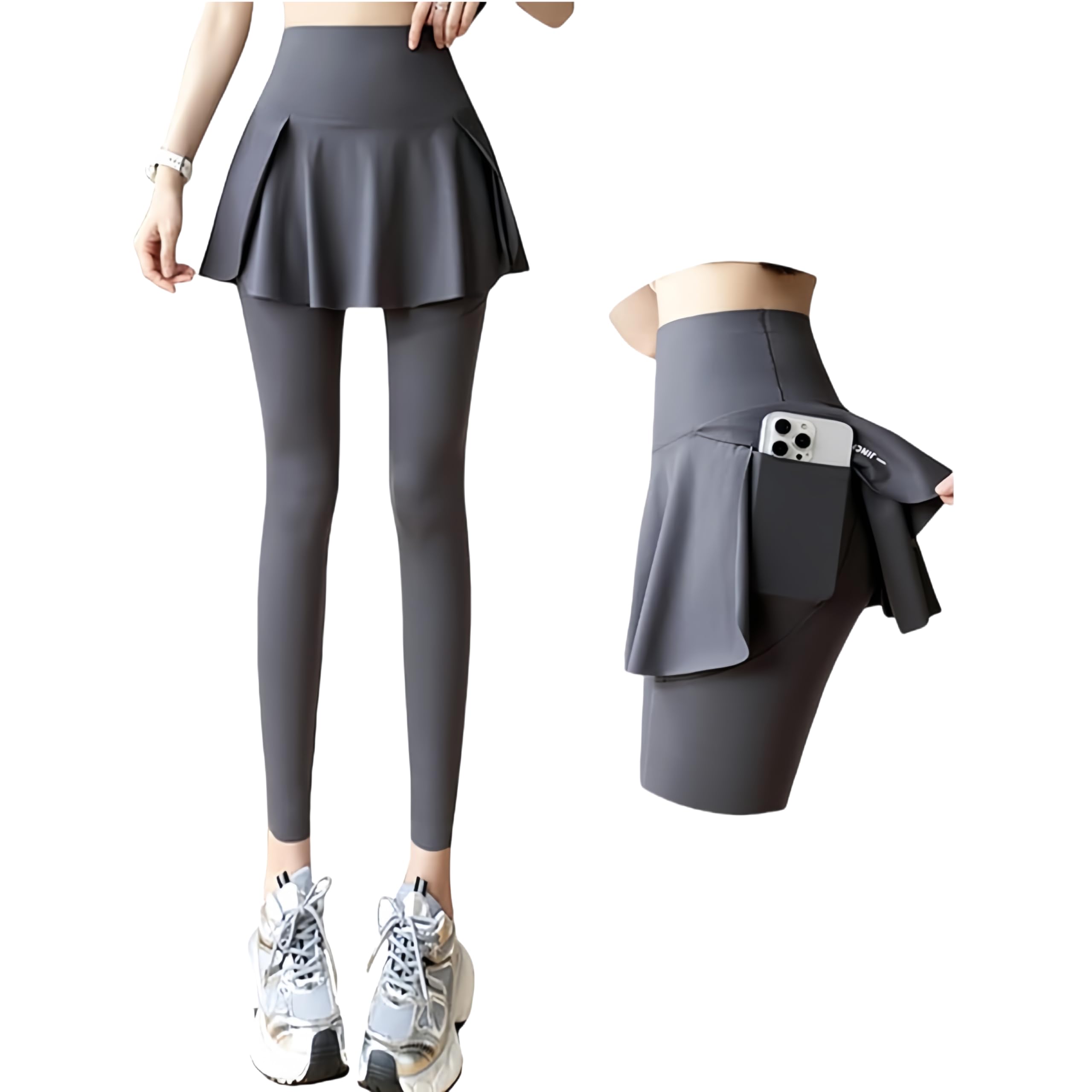 【送料無料】[KOEKOI] ヨガパンツ ハイウエスト 一体型 スカート付 ヨガウェア 美尻 レディース レギンス スカート付きパンツ 通気 速乾 美脚 ショート 色：灰-九分、サイズ：M