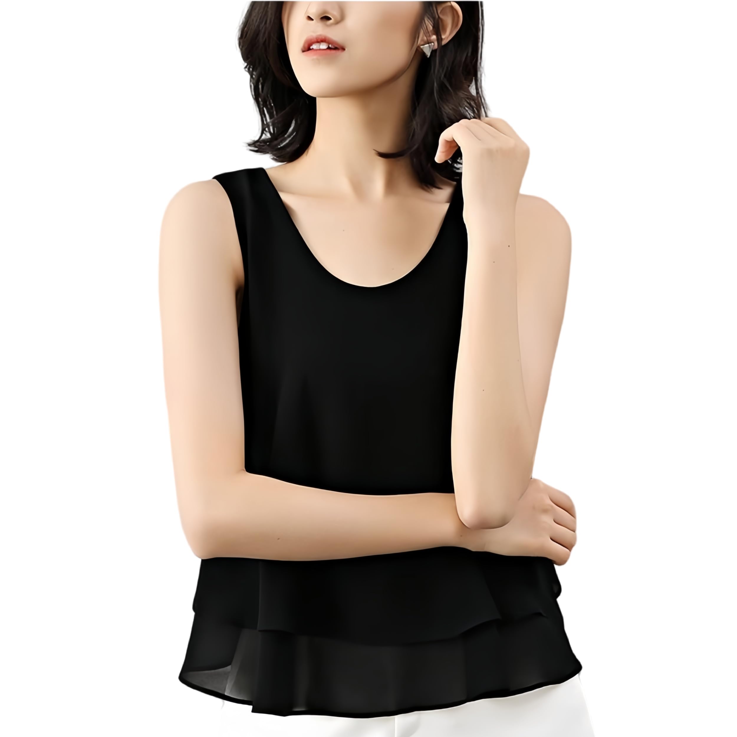 【送料無料】[KOEKOI] タンクトップ レディース シフォン ノースリーブ カットソー トップス インナー キャミソール シャツ ブラウス 重ね着 uvカット 無地 オフィス 薄手 体型カバー 色：ブラック、サイズ：4XL