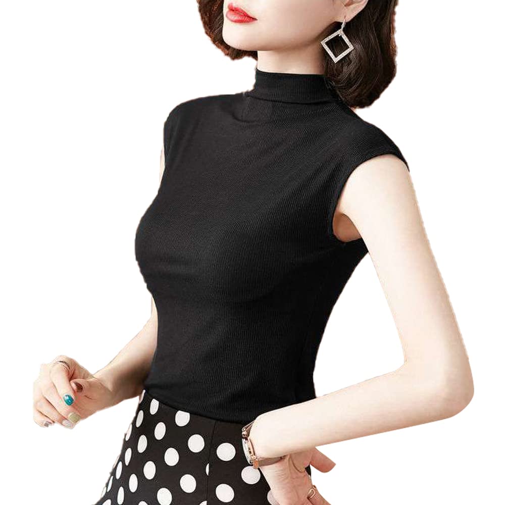 【送料無料】[KOEKOI] タンクトップ レディース ハイネック ノースリーブ カットソー トップス インナー キャミソール 大きいサイズ レイヤード 重ね着 uvカット 付け襟 タートルネック トップス 無地 伸縮性 カジュアル 色：ブラック、サイズ：M-L