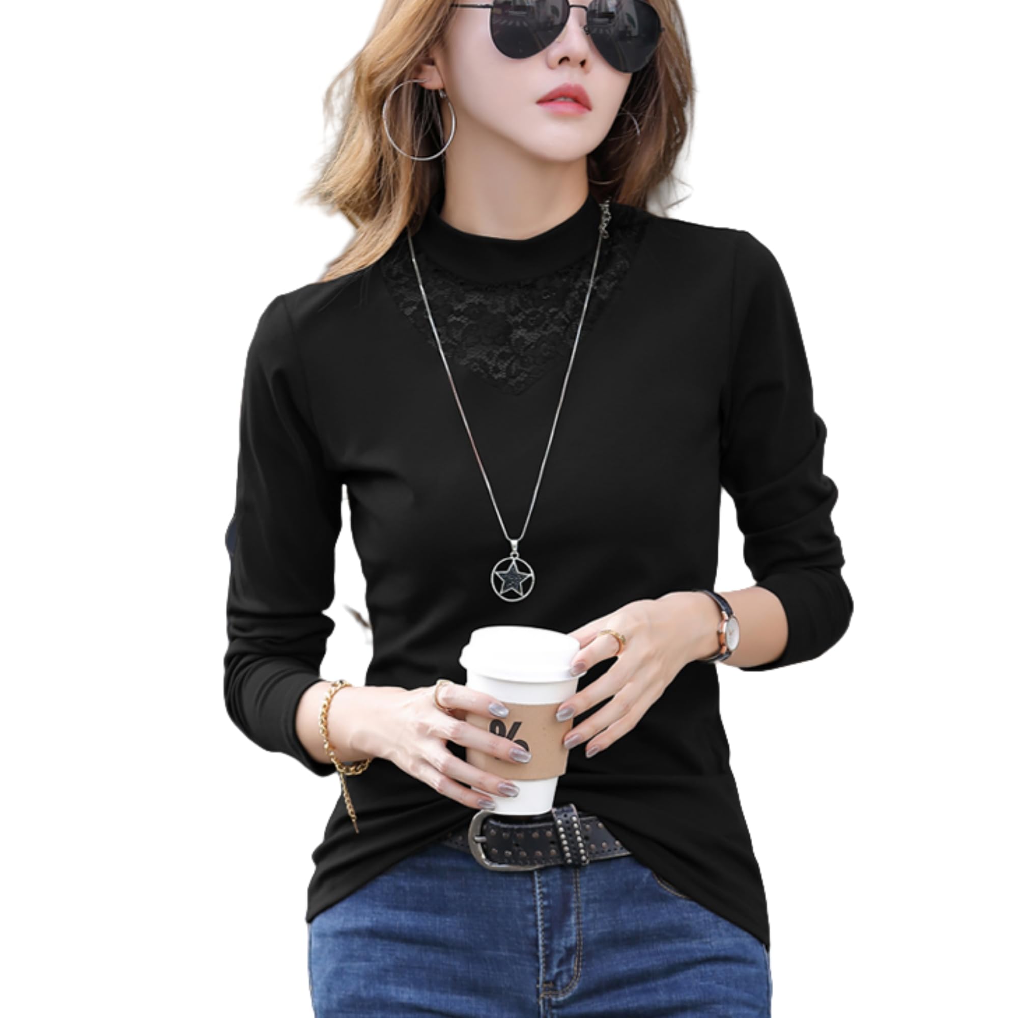 【送料無料】[KOEKOI] ハイネック レディース 長袖 インナーシャツ Tシャツ カットソー レース 発熱 微裏起毛 大きいサイズ タートルネック ハイテンション 防寒インナー ゆったり チュニックインナー 無地 伸縮性 レース付き 暖かい 重ね着 色：ブラック、サイズ：M-L