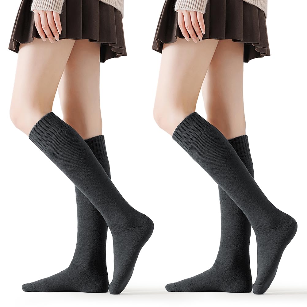【送料無料】[SIVAN] ハイソックス 靴下 レディース 極暖38度恒温蓄熱・肉厚裏パイル・ 北海道で履いても暖かい スクールハイソックス 暖かい 抗菌防臭 防寒保温 蒸れず 締め付けない 耐久 仕事用 女子高生 通学通勤 2足組 色：#05.濃いグレー*2、サイズ：Free Size
