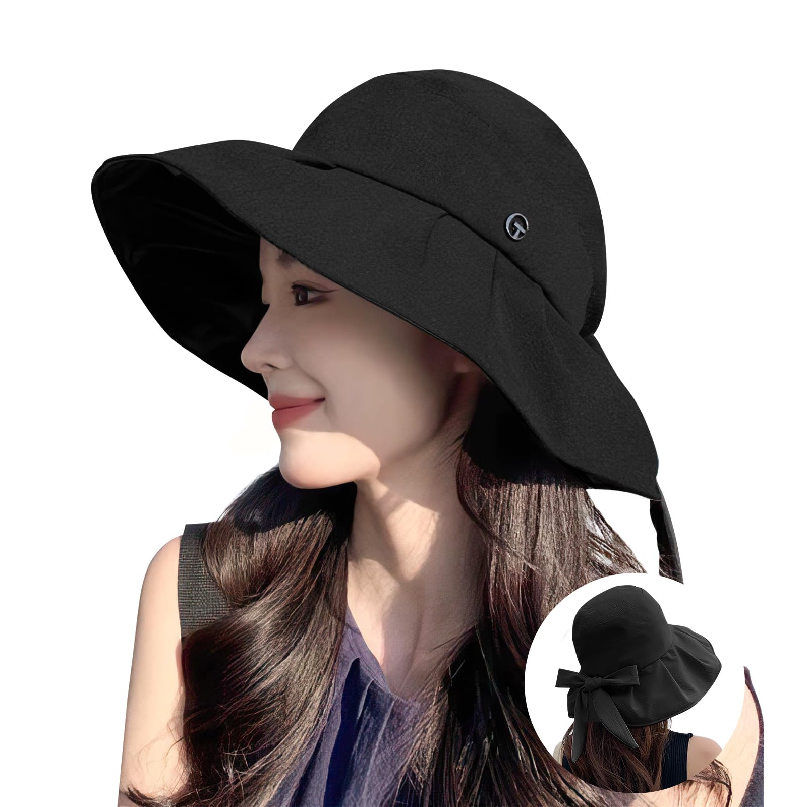 【送料無料】[SIVAN] UVカット帽子 レディース 【大きいサイズ・紫外線対策・専門機関UPF50+(認証済み)】 【10CMつば広・圧倒的な小顔効果】 日除け帽子 深めタイプ 小顔効果 吸汗排湿 サイズ調整可能 あご紐 バケットハット ハ 色：Type B-ブラック、サイズ：Free Size