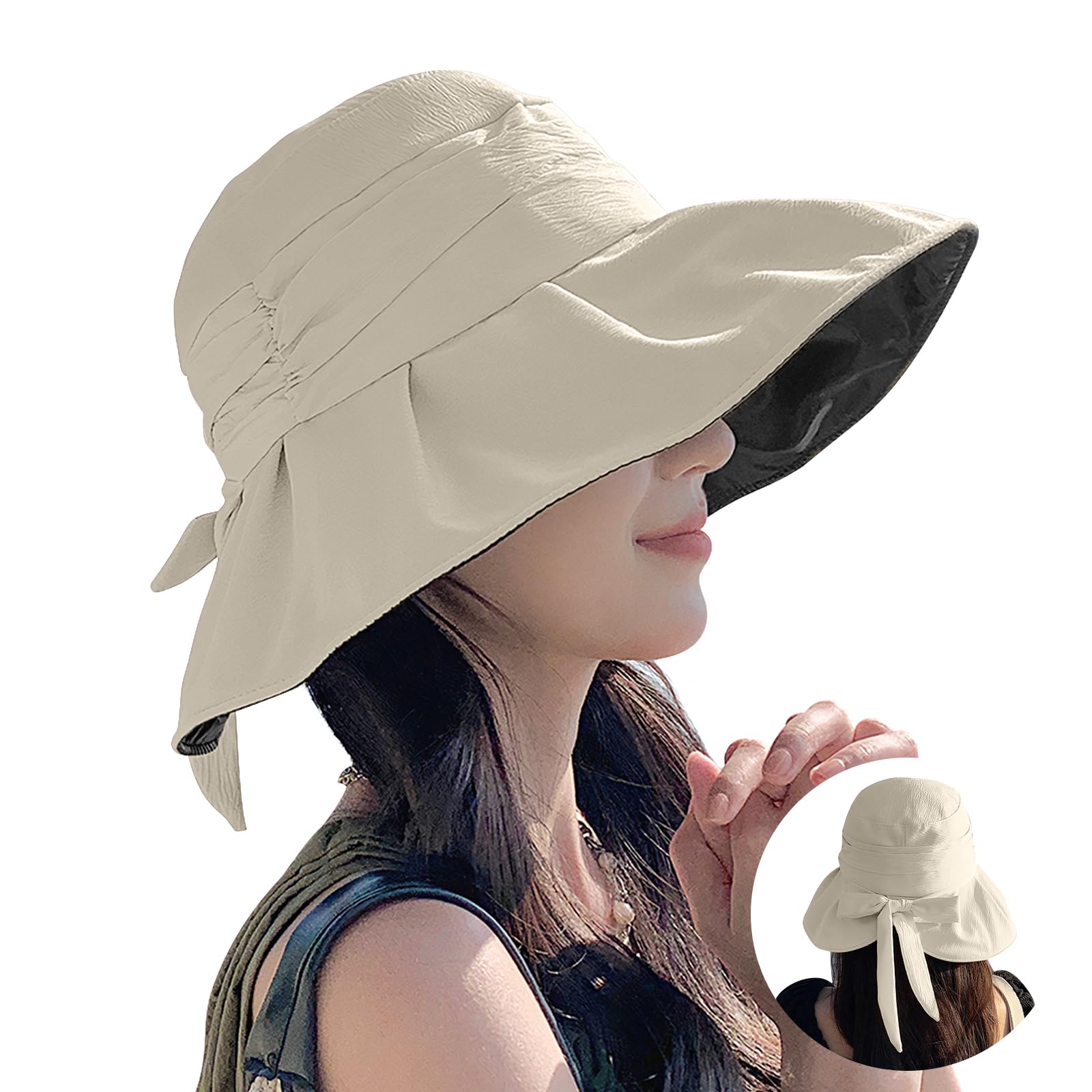【送料無料】[SIVAN] UVカット帽子 レディース 【大きいサイズ・紫外線対策・専門機関UPF50+(認証済み)】 【10CMつば広・圧倒的な小顔効果】 日除け帽子 深めタイプ 小顔効果 吸汗排湿 サイズ調整可能 あご紐 バケットハット ハ 色：Type A-ベージュ、サイズ：Free Size
