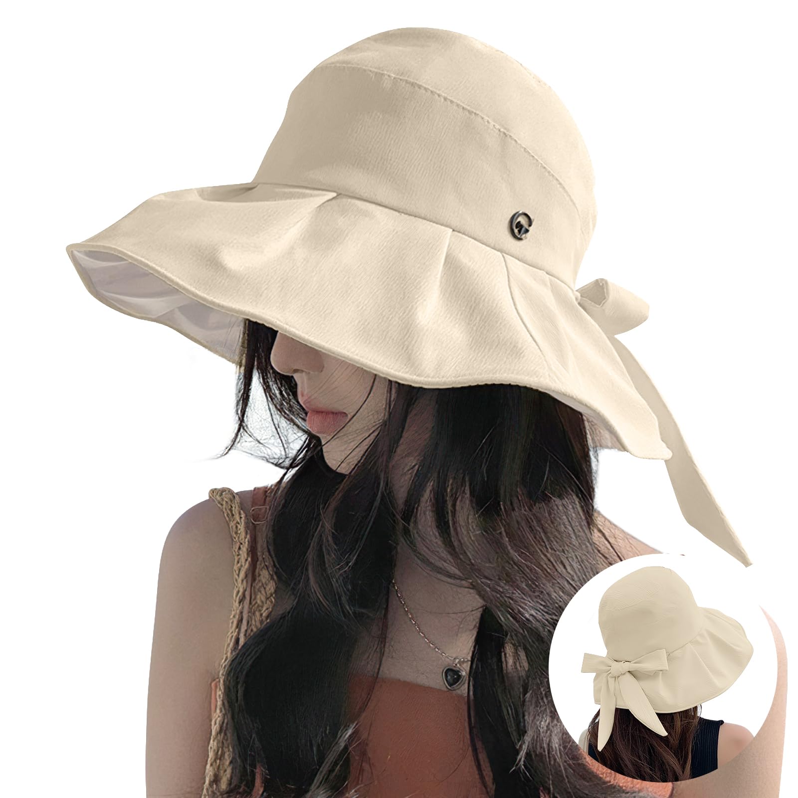 【送料無料】[SIVAN] UVカット帽子 レディース 【大きいサイズ・紫外線対策・専門機関UPF50+(認証済み)】 【10CMつば広・圧倒的な小顔効果】 日除け帽子 深めタイプ 小顔効果 吸汗排湿 サイズ調整可能 あご紐 バケットハット ハ 色：Type B-ベージュ、サイズ：Free Size