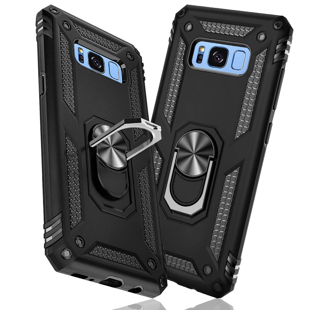 【送料無料】TMUJWS Samsung Galaxy S8+ ケース/Samsung Galaxy S8 Plus ケース リング 耐衝撃 衝撃吸収 傷防止 全面保護 カメラ保護 スタンド付き TPU+PCバンパー 指紋防止対策 二重構造 360度回転 防塵 車載ホルダー対応 色：ブラック、サイズ：Samsung Galaxy S8 Plus