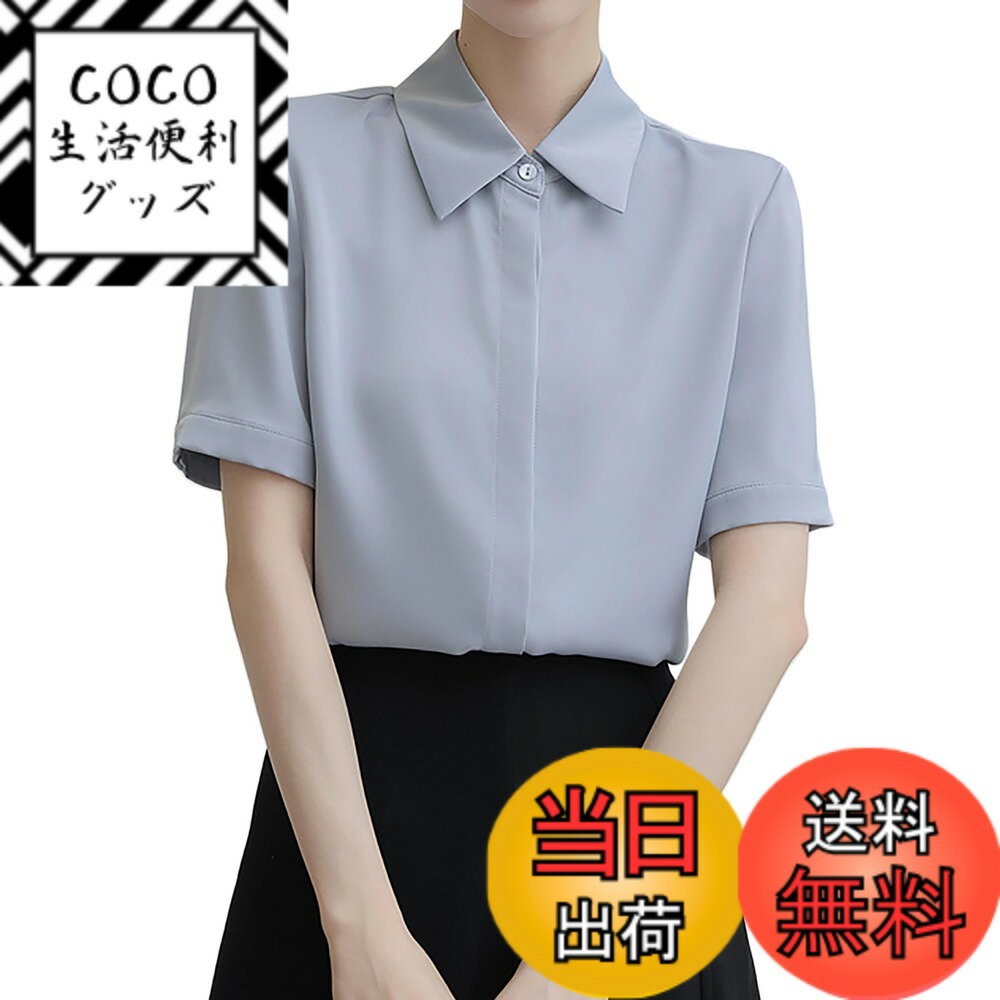 【送料無料】[Lalapala] シャツ ブラウス レディース 半袖 とろみワイシャツ 夏 ゆったり 大きいサイズ ノーアイロン 洗える キレイめ 無地 シンプル 体型カバー 着痩せ オフィス カジュアル ファッション 通勤 日常 吸汗 通気性 色：ブルー、サイズ：M