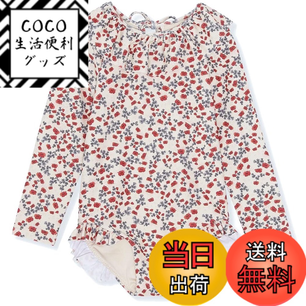 【送料無料】[GoUseGo] キッズ 水着 ワンピース 女の子 長袖ラッシュガード キャップ付き 子供用 スイムウェア オールインワン 幼児 赤ちゃん ベビー水着 80cm 90cm 100cm 110cm 120cm 130cm 幼稚園 保育園用 日焼け止め 色：レッド花、サイズ：100