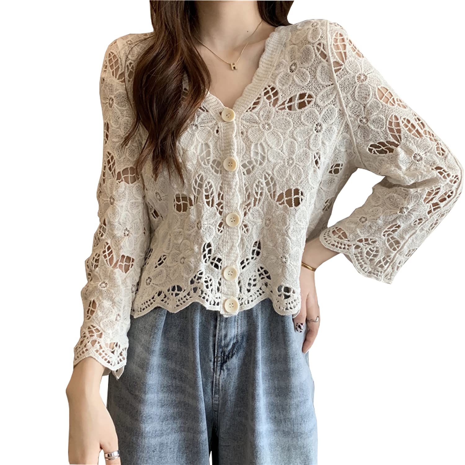 【送料無料】[KARZUKI] カーディガン レディース 刺繍 レース 中空 UVカット 可愛い 薄手 Vネック 長袖 半袖 冷房対策 綿 ゆったり 大きいサイズ おしゃれ 女らしい 夏用 ガールズトップス 色：アプリコット（長袖）、サイズ：Free Size