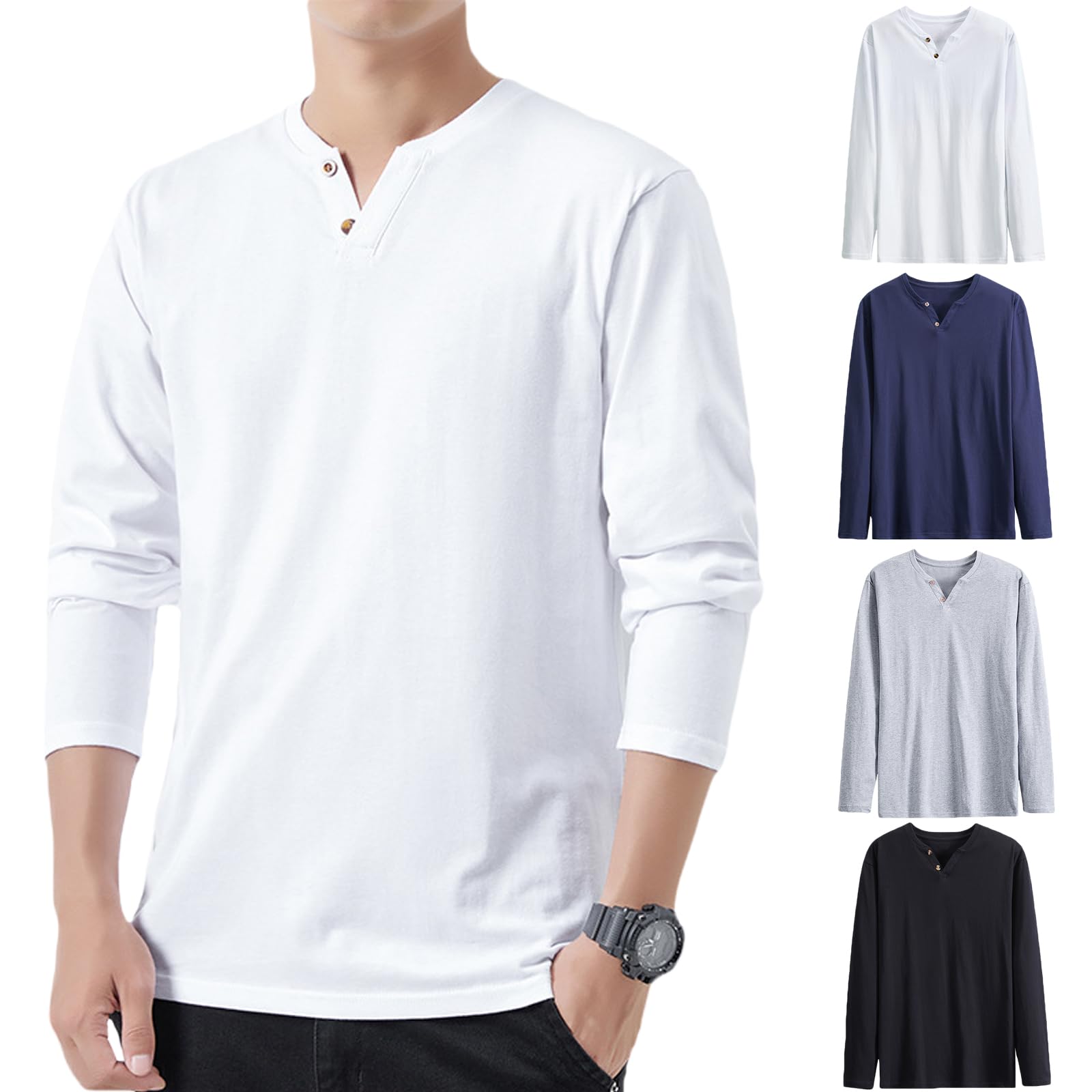 【送料無料】Hisitosa長袖tシャツ メンズ 3枚組 4枚組 秋服メンズ tシャツ 綿100 無地 ロングtシャツ ヘンリーネックフィットネス おしゃれ インナーシャツ メンズ シングル 肌着 色：4枚組-ミックスカラー、サイズ：L