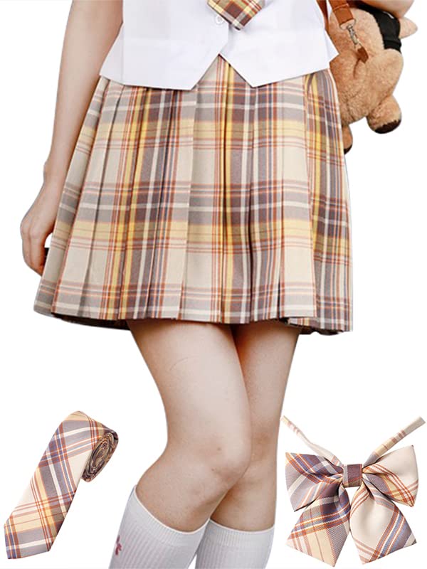 【送料無料】[Sharphon] チェック プリーツスカート 25色 43/48CM丈 制服 ハイウエスト プリーツ スカート 蝶結び ネクタイ 3点セット 色：A03、サイズ：2XL-43CM