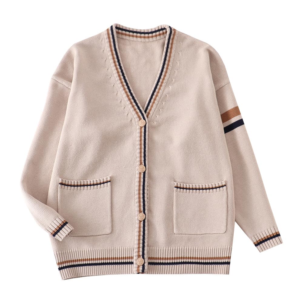 【送料無料】[Sharphon] 2色 男女兼用 スクールカーディガン ライン ニット セーター 前開き Vネック 女子 長袖 ベージュ ネイビー 韓国風 春秋冬 JK おしゃれ カレッジ スクール REI105 色：ベージュ（前開き）、サイズ：M