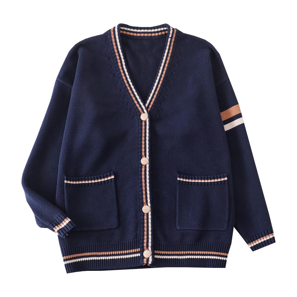 【送料無料】[Sharphon] 2色 男女兼用 スクールカーディガン ライン ニット セーター 前開き Vネック 女子 長袖 ベージュ ネイビー 韓国風 春秋冬 JK おしゃれ カレッジ スクール REI105 色：ネイビー（前開き）、サイズ：S