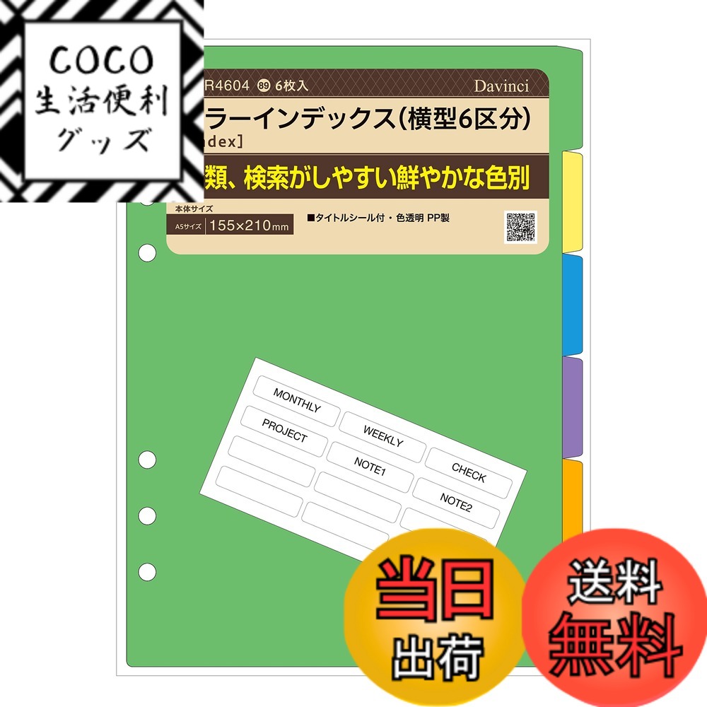 【送料無料】ダヴィンチ レイメイ藤井 システム手帳 リフィル A5サイズ DAR4604 カラーインデックス(横型6区分) 色：グリーン