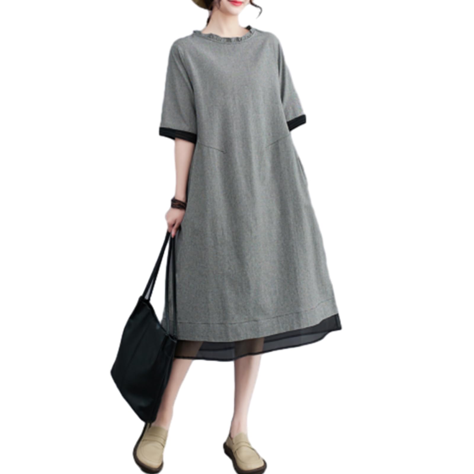 【送料無料】[CCGGOWMM] レディース ロングワンピース 半袖 ドレス フリルネック 切り替え シャツ ワン..