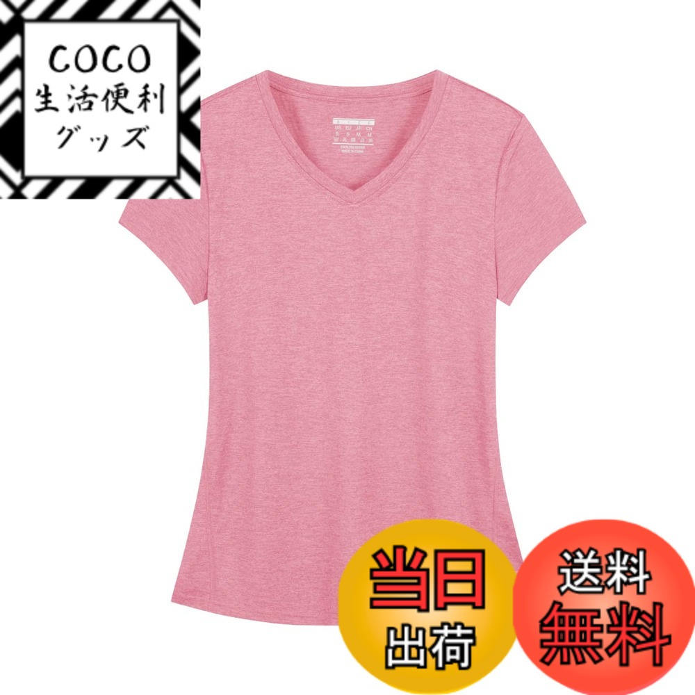 【送料無料】[KEFITEVD] tシャツ レディース 半袖 吸汗速乾 スポーツウェア vネック ゆったり ドライtシャツ 涼しい トレーニング テニス ヨガウェア トップス 無地 夏服 色：ピンク、サイズ：M