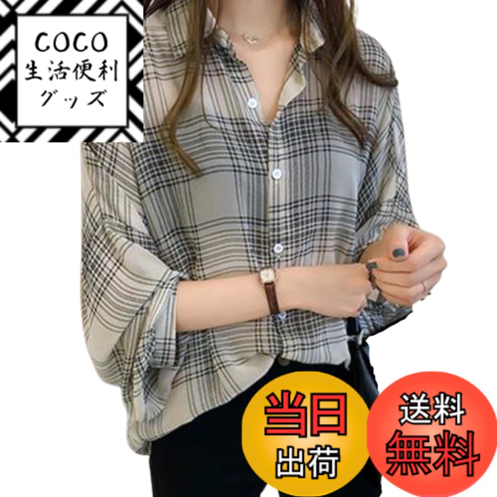 【送料無料】[toasoa] チェック シャツ レディース トップス 長袖 前開き シフォン とろみ ブラウス 色：ベージュ、サイズ：M