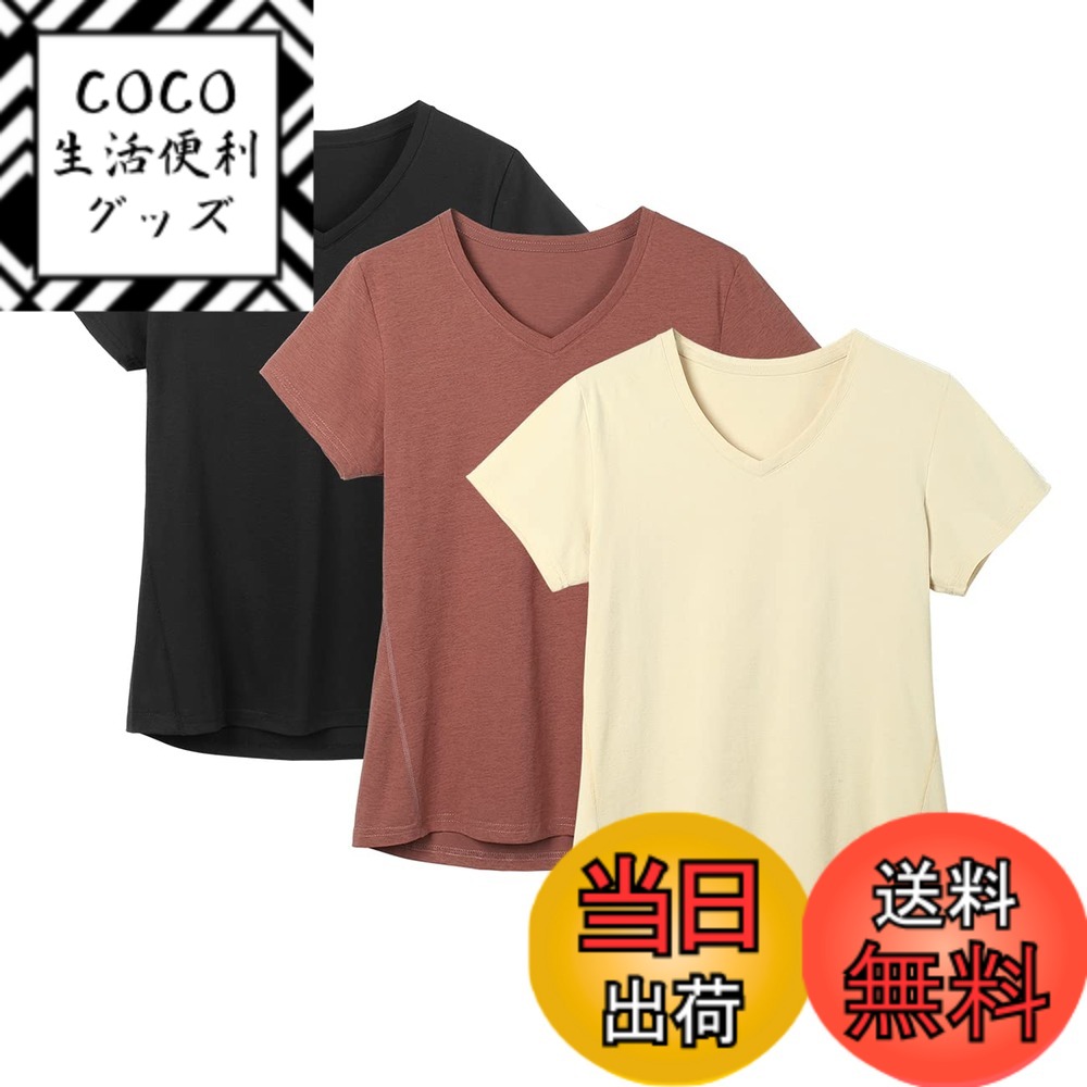 【送料無料】[icyzone] スポーツウェア レディース V ネック Tシャツ ヨガウェア 半袖 ランニングトップス 速乾 通気 カジュアル 大きいサイズ フィットネス アスレチック 3枚入 色：ブラック/グラブラック/乳白色/ブリックレッドナイト/ブルー、サイズ：L