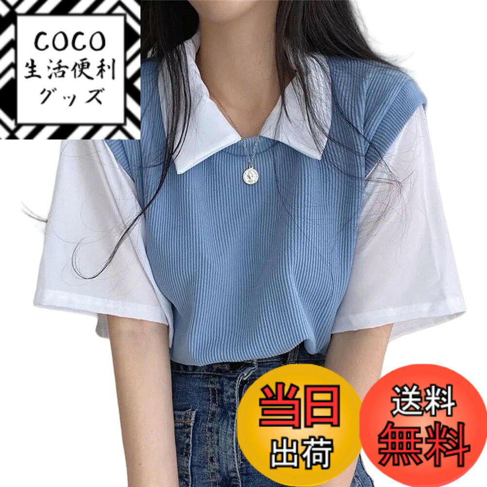 【送料無料】[TeMibery Lyric] 半袖 tシャツ レディース クルーネック 重ね着 薄手 カジュアル トップス オフィス 大きいサイズ きれいめ ゆったり 可愛い 無地 ティーシャツ カットソー シンプル おしゃれ プルオーバー 体型カバー 春 夏 色：ブルー、サイズ：Free Size(4.0)