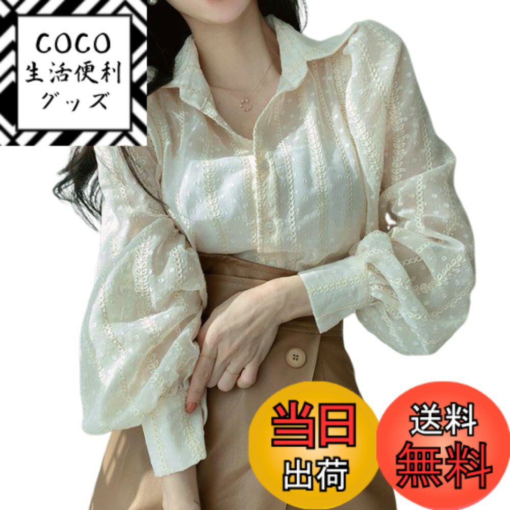 【送料無料】[Merelop Ceto] ブラウス レディース 長袖 シャツ シースルー シアー 刺繍 花柄 トップス カットソー おしゃれ 薄手 透け 重ね着 レイヤード 羽織 前開きシャツ 韓国 ファッション 普段着 オフィス 春 夏 秋 色：アプリコット、サイズ：XL