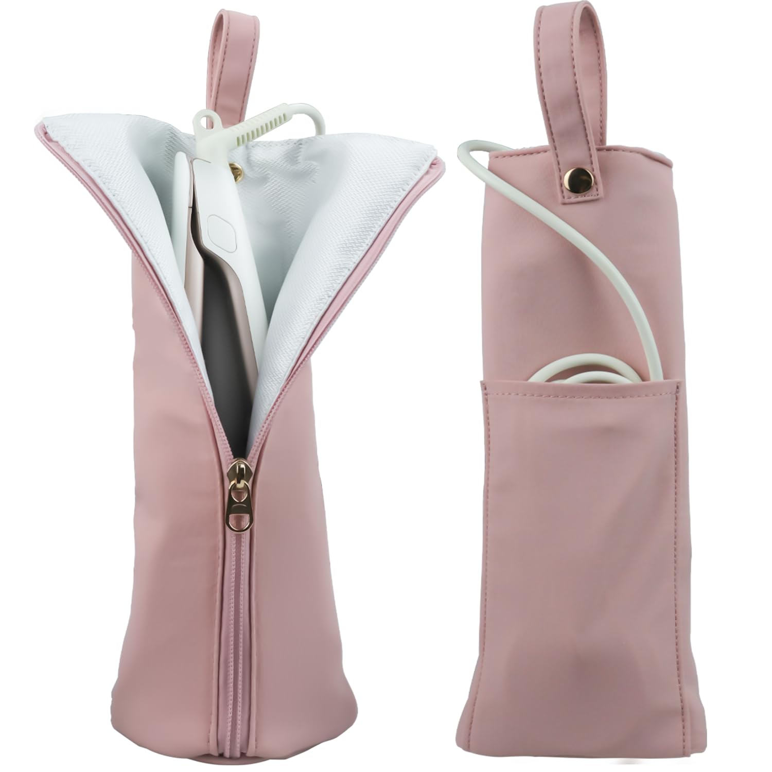 【送料無料】ヘアアイロン ケース 収納 【使ってスグ収納】ヘアアイロンポーチ 耐熱 300度 吊り下げ 持ち運び 可愛い ミニア 旅行 耐熱素材 コード収納ポケット付き… 色：Pink、サイズ：/