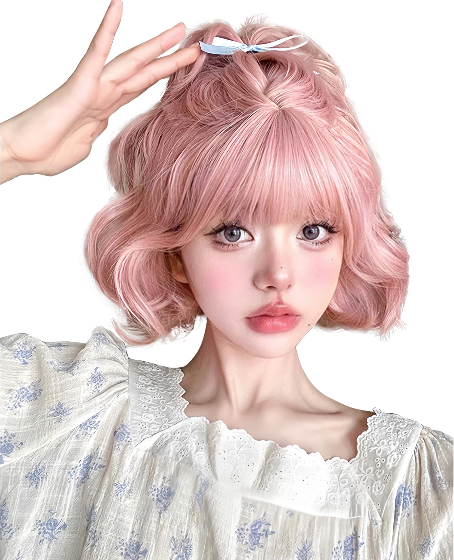 【送料無料】Limakaraウィッグ ボブ ショート パーマ レディース ウェーブ かつら 女性 女装 フルウイッグ カツラ 自然 カール 耐熱 普段使い 小顔効果 前髪ぱっつん ロリータ 女装 ネット付き ピンク FD92916836