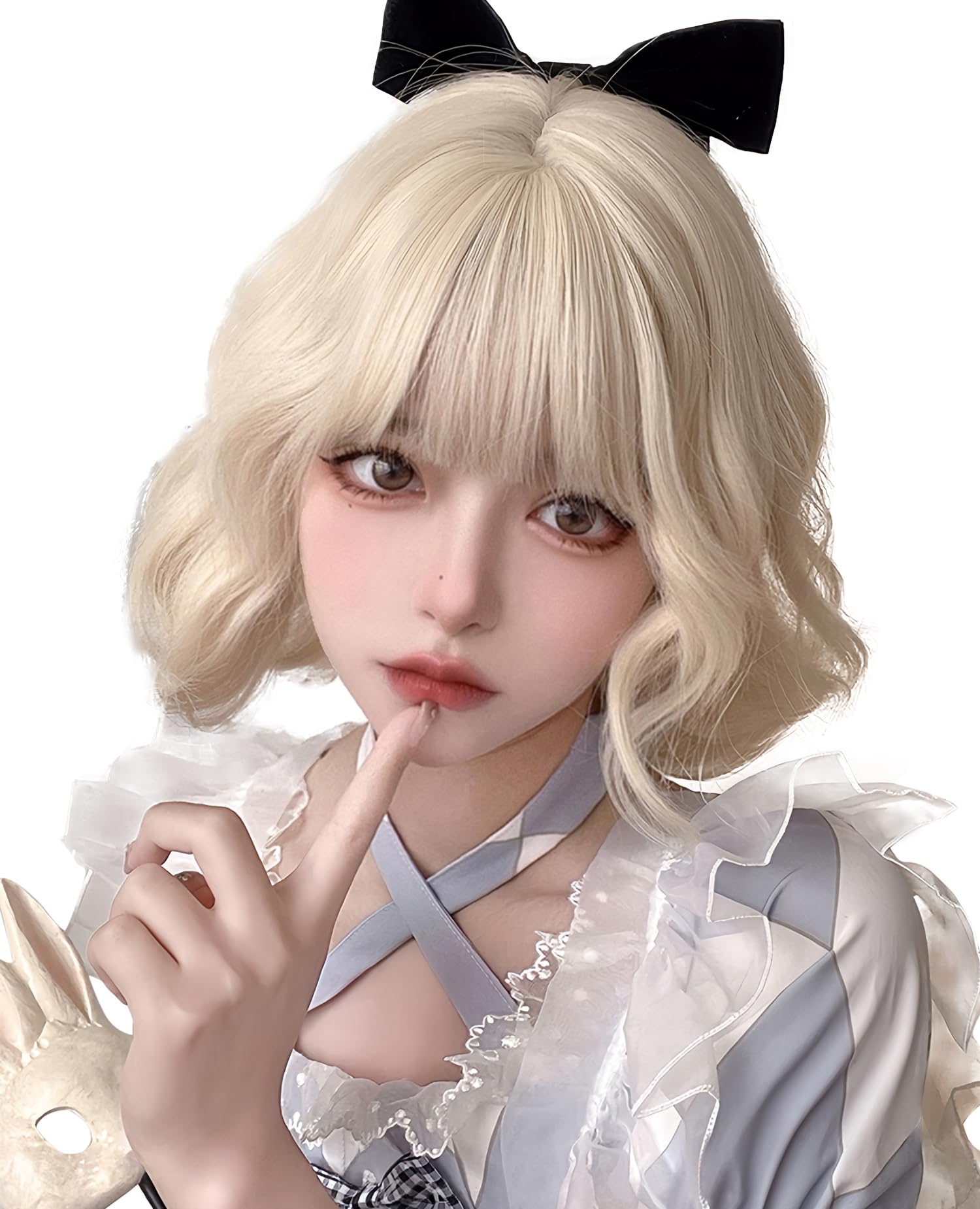 【送料無料】Limakaraウィッグ ボブ ショート パーマ 金髪 レディース ウェーブ かつら 女性 女装 フルウイッグ カツラ 自然 カール 耐熱 普段使い 小顔効果 前髪ぱっつん ロリータ 女装 ネット付き 浅い白金