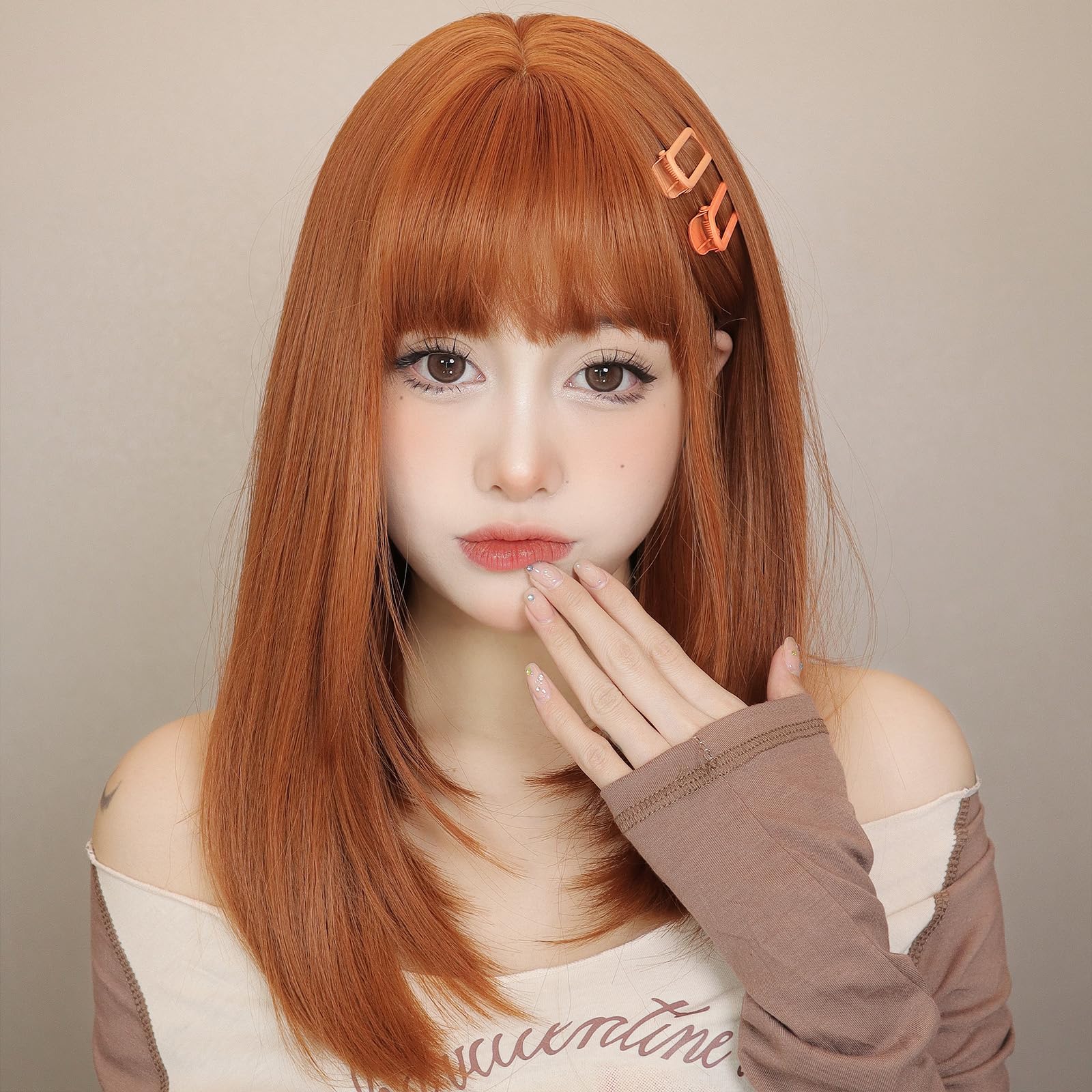 【送料無料】EMMOR ウィッグ セミロング かつら 女性 フルウィッグ 女装 ウィッグ ミディアム ストレート レディース wig 自然 小顔 耐熱 レイヤー ネット付き オレンジ