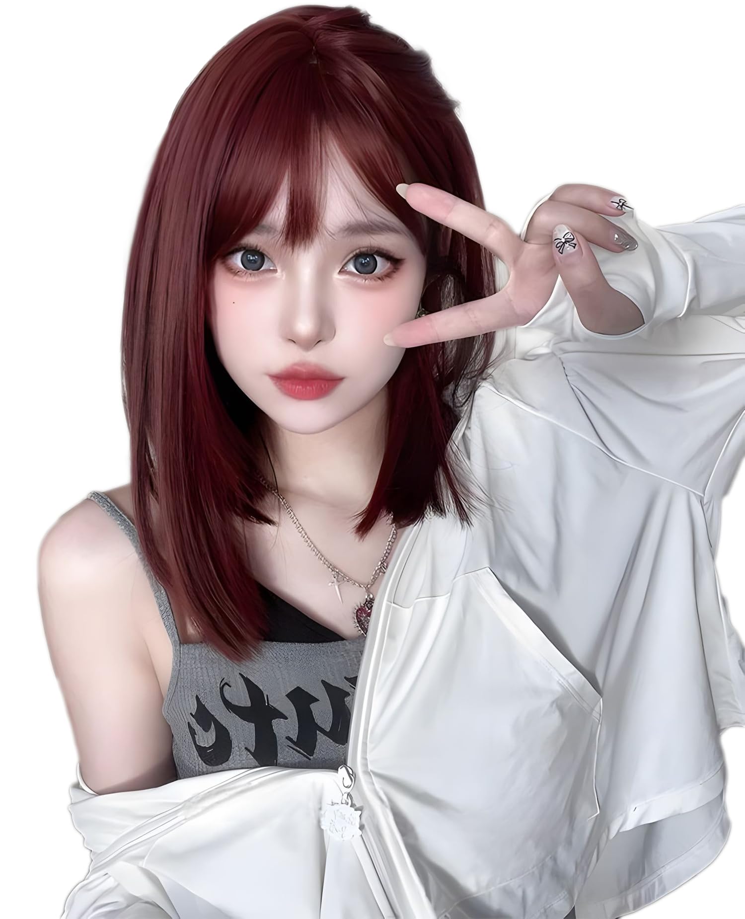 【送料無料】Limakara 人工毛 ウィッグ ミディアム ストレート自然 カツラ フルウィッグ セミロング レイヤー レディース かつら 女性 小顔 可愛い ぱっつん ネット付き (ローズレッド)