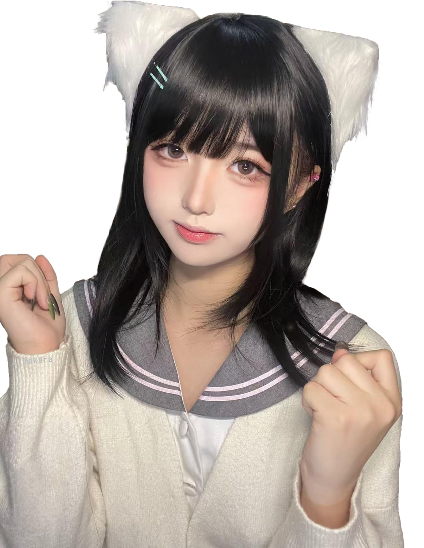 【送料無料】Limakara 人工毛 ウィッグ ミディアム ストレート自然 カツラ フルウィッグ セミロング レイヤー レディース かつら 女性 小顔 可愛い ぱっつん ネット付き (ダークブラック)