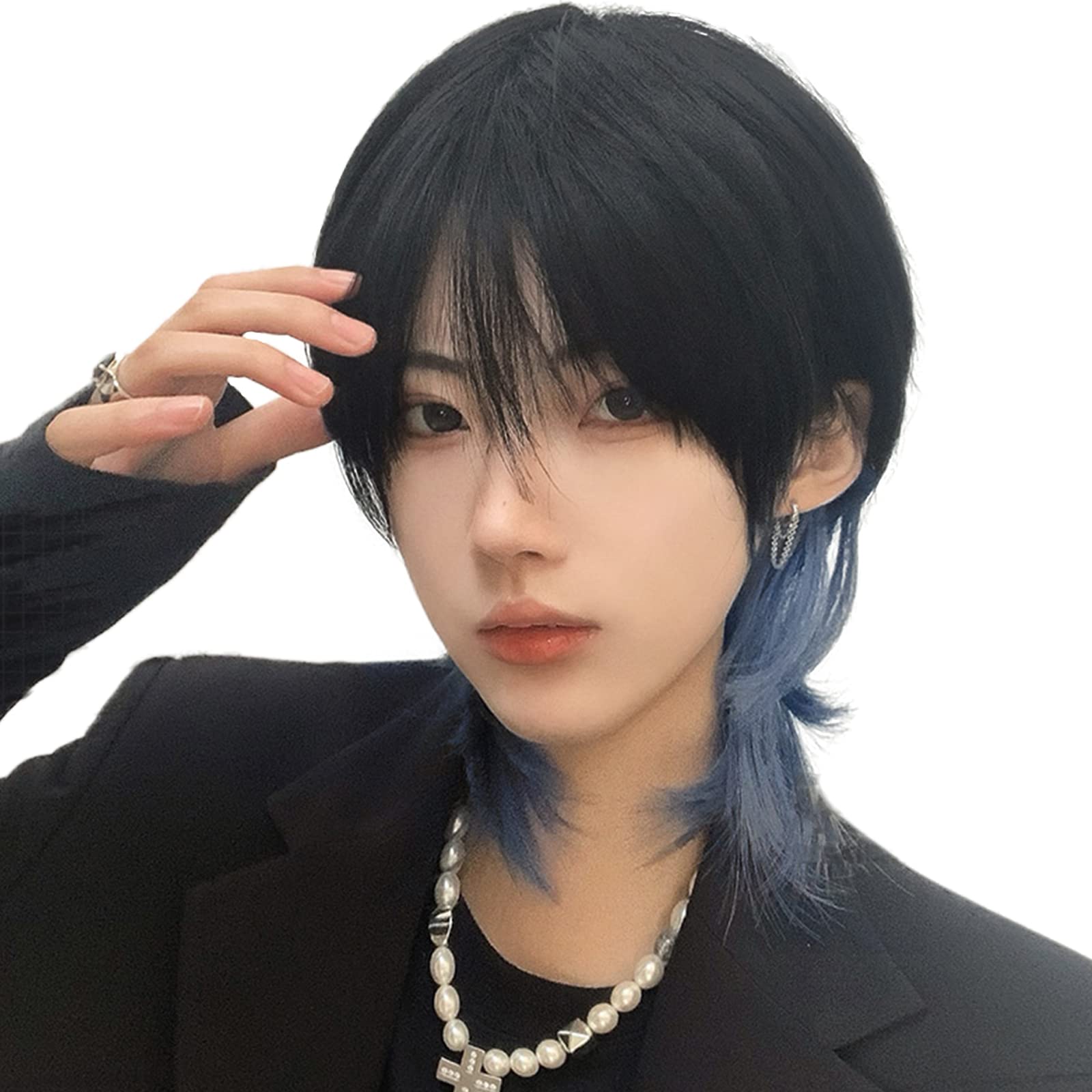 【送料無料】FESHFEN 人工毛 ウィッグ メンズ かつら ショート ウルフ インナーカラー フルウィッグ 男装 黒 男性 原宿 イケメン ハンサム 自然 小顔 耐熱 人気 ファッション イメチェン 男女兼用 短髪 ネット/櫛付き ウルフーブルー