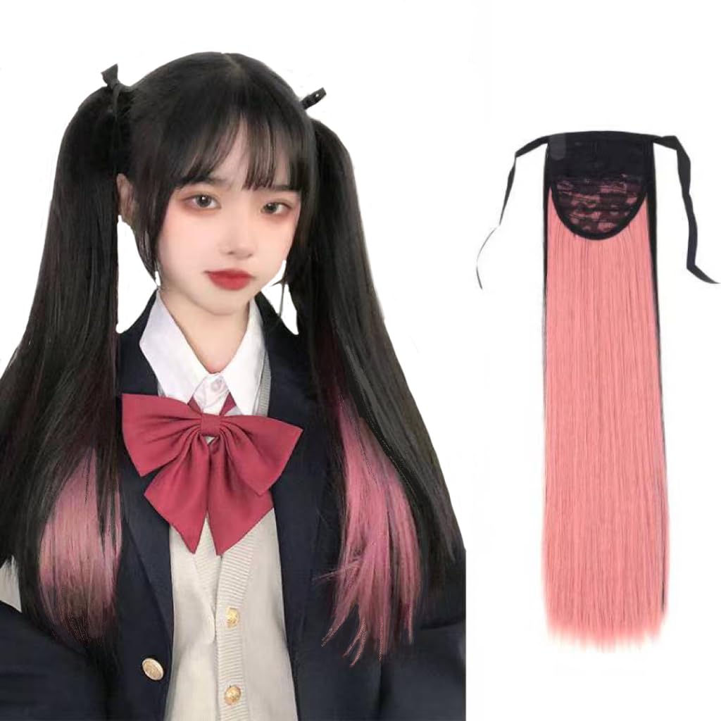 【送料無料】Sofeiyan ウィッグ ポニーテール インナーカラー ツインテール 地雷系 原宿 エクステ ロング ストレート ストレート ポイントウィッグ 自然 簡単 ロリータ 2個セット ブラック×ピンク
