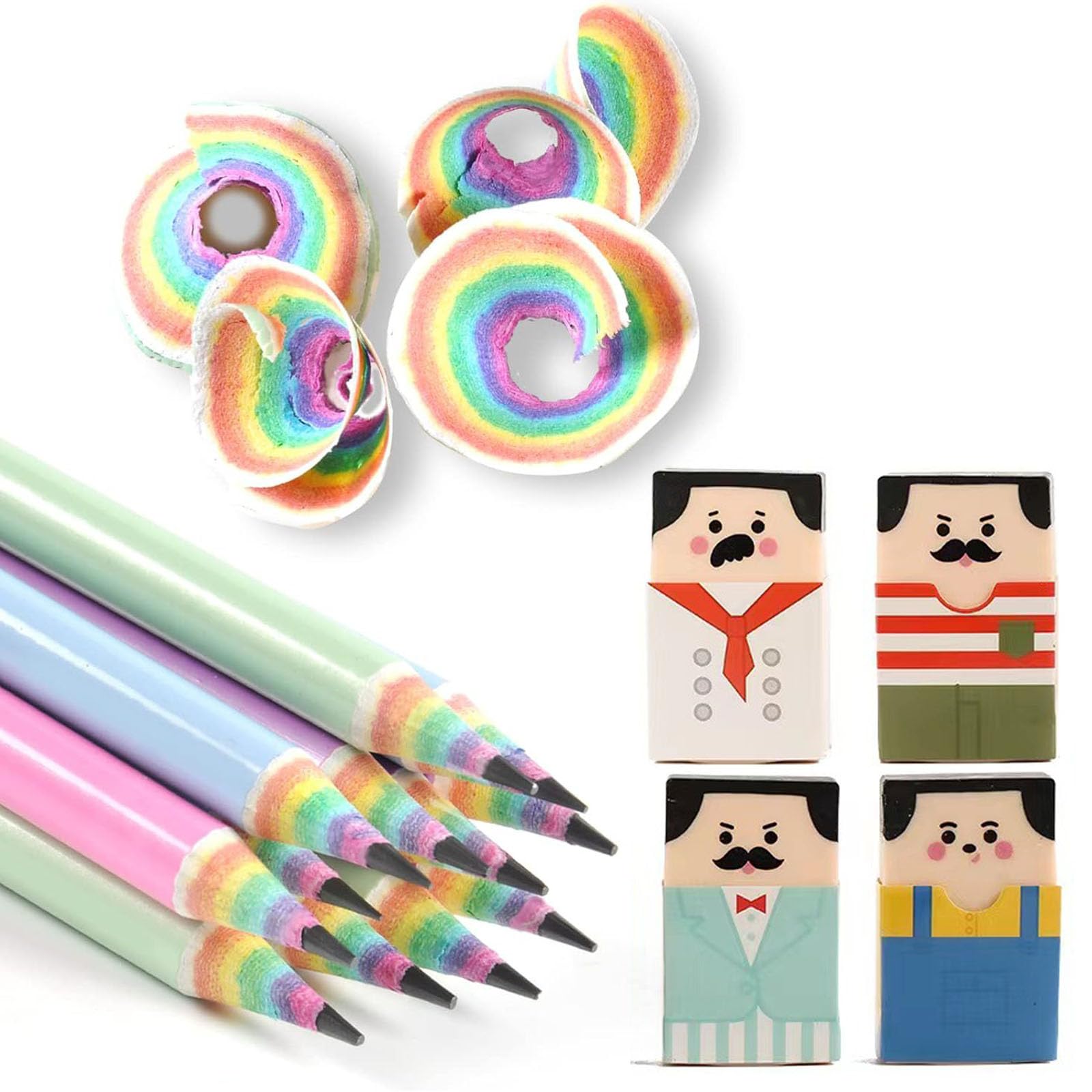 【送料無料】Refoiner 消しゴム 練り消し サラリーマン消しゴム虹色鉛筆 hb おもしろ文房具セット 小学生 男の子女の子 プレゼント 4個おしゃれ消しゴム 12本えんぴつ 面白い可愛い文房具 おしゃれプチギフト こども 小学生 (4個セット消しゴム+12本セット鉛筆)