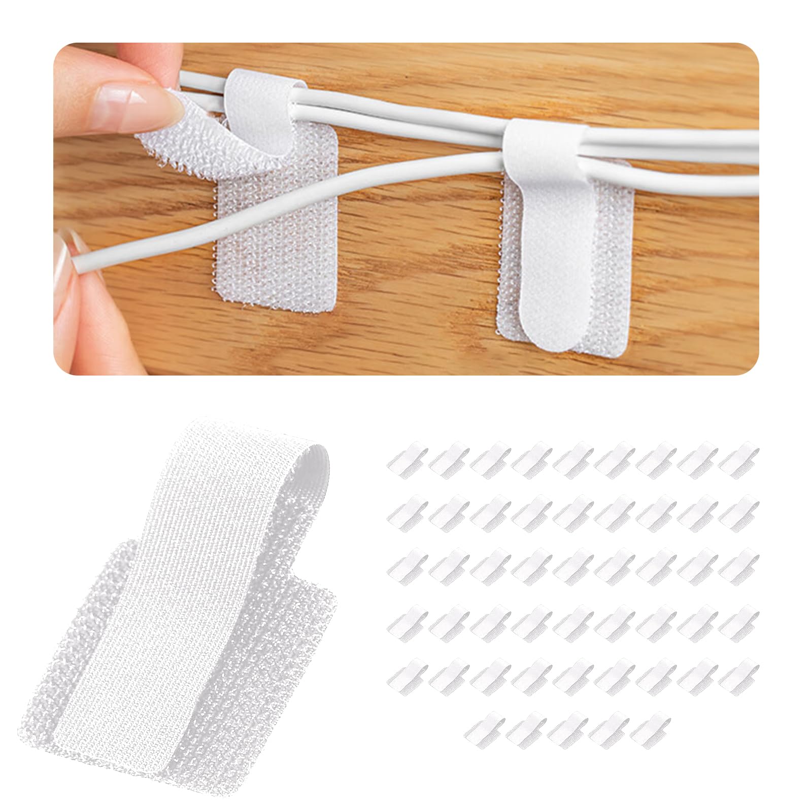 【送料無料】【雲見】 ケーブルクリップ ケーブルホルダー ホワイト 50個入り マジックテープ 強力粘着テープ付き のり残らず 調節可能なケーブルタイ 多機能 収納 固定 ケーブル止め ケーブルバンド 配線止めテープ 車用 家庭用 事務室用