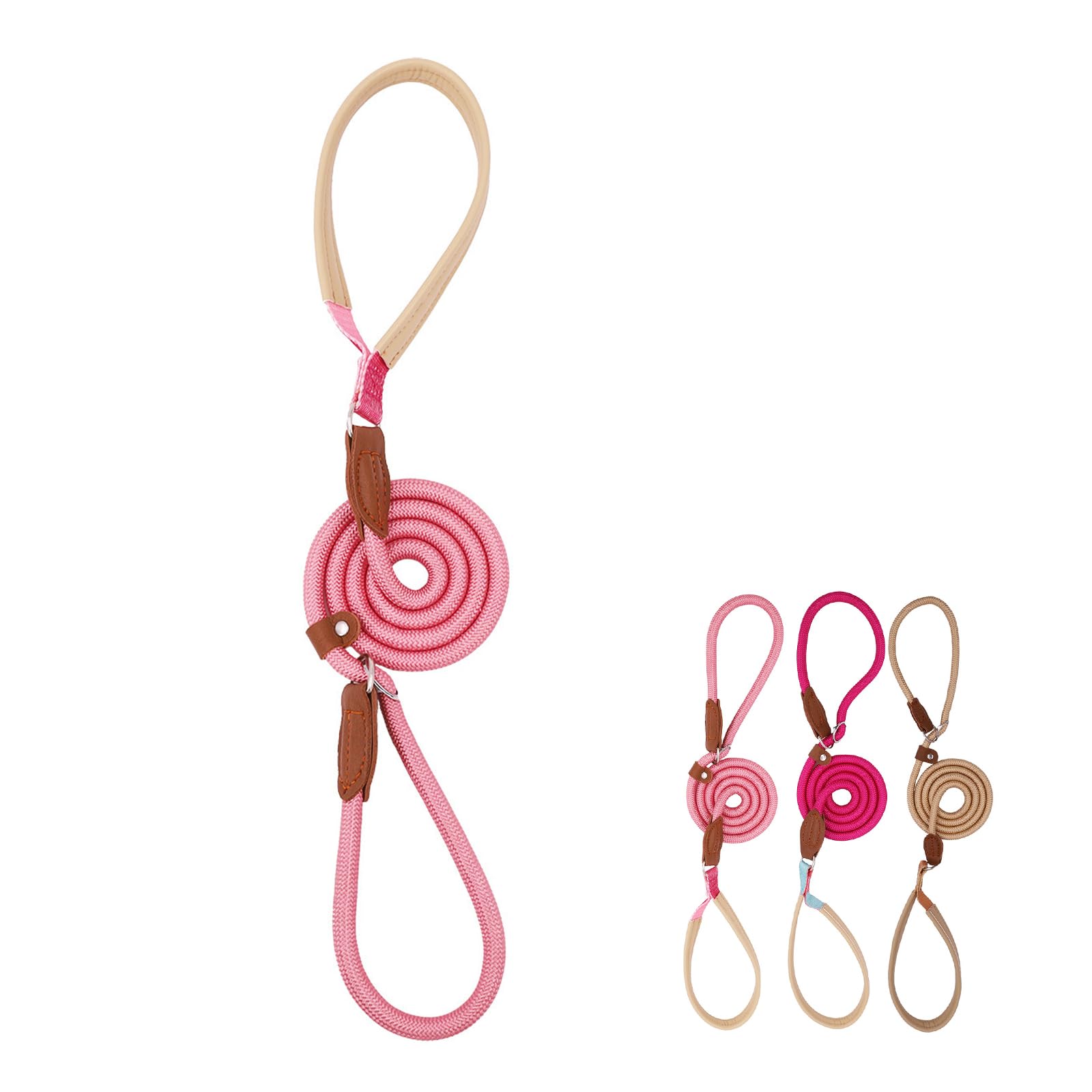 【送料無料】雲見 スリップリード 長さ150cm 小型犬用 中型犬 大型犬用 しつけ カジュアル レザーハンドル ナイロンロープ 多機能 簡単装着 持ちやすい 引っ張り防止 軽量 丈夫 訓練 (ピンク)