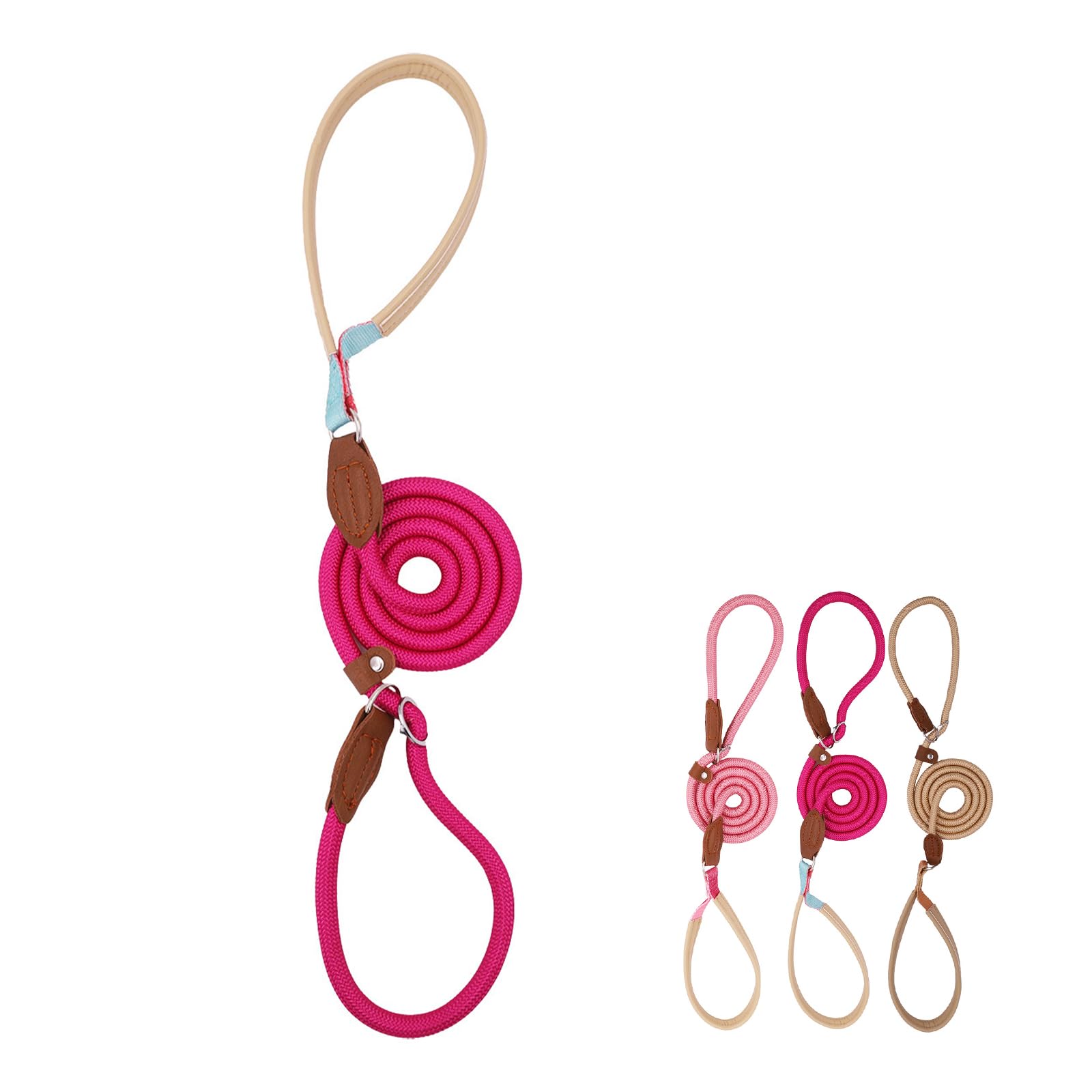 【送料無料】雲見 スリップリード 長さ150cm 小型犬用 中型犬 大型犬用 しつけ カジュアル レザーハンドル ナイロンロープ 多機能 簡単装着 持ちやすい 引っ張り防止 軽量 丈夫 訓練 (ダークレッド)