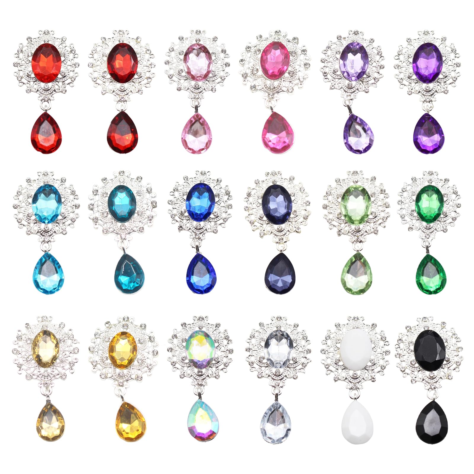 【送料無料】BTtime ビジューパーツ 台座つき 18個セット しずく 宝石 デコ素材 イヤリング パーツ アクセサリーパーツ DIY製作キット 手作り素材 ジュエル 台座つき ロリータ ハンドメイド 豪華 ビジューキラキラ 目立つ 18色 （シルバー）