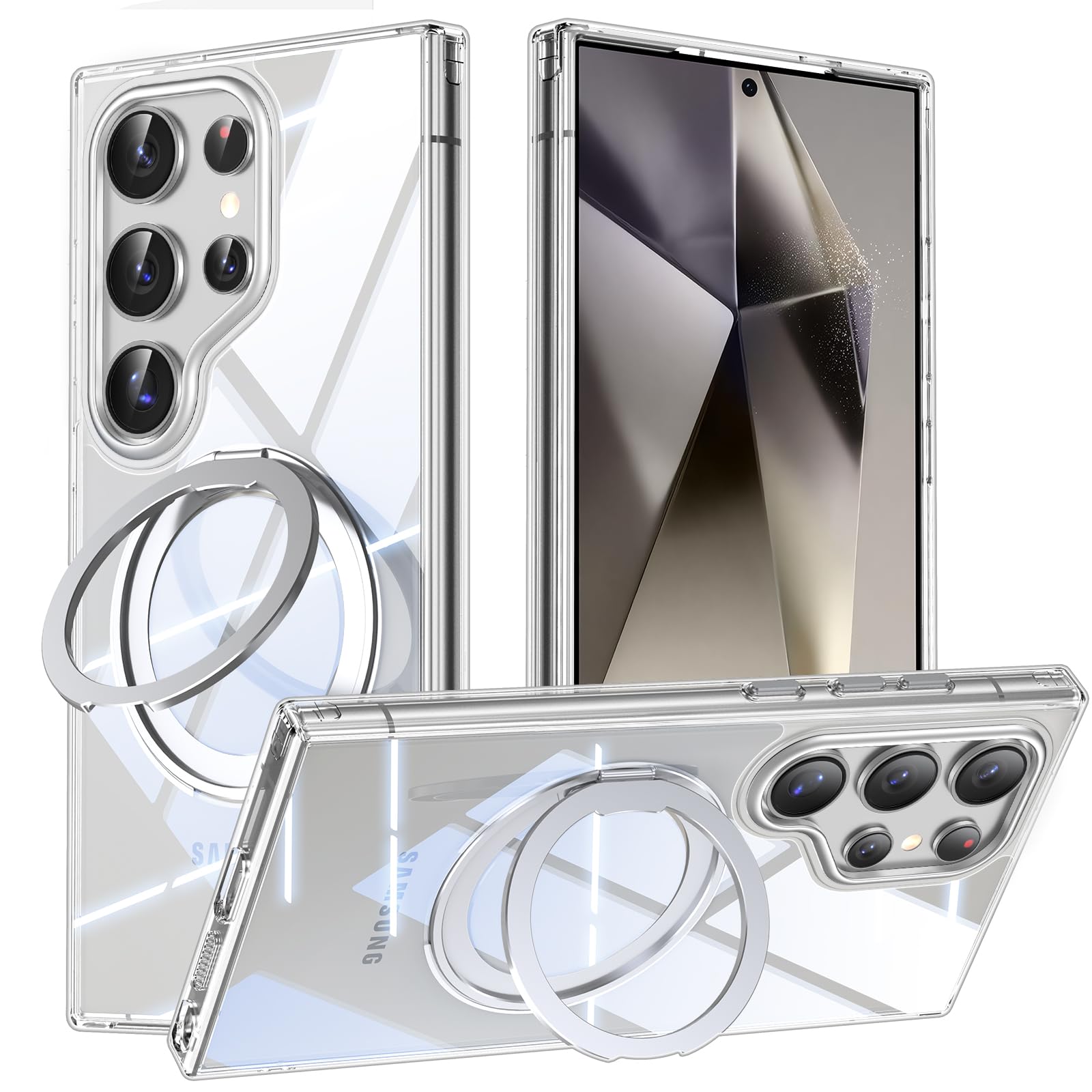 【送料無料】Galaxy S25 Ultra 用 ケース Magsafe対応 ギャラクシーs25ウルトラ / SC-52F / SCG32 カバー 360°回転スタンド Uovon スマホケース 携帯ケース ワイヤレス充電 車載ホルダー 対応 ストラップ穴付き 透明 指紋防止 黄防止 ・ クリア