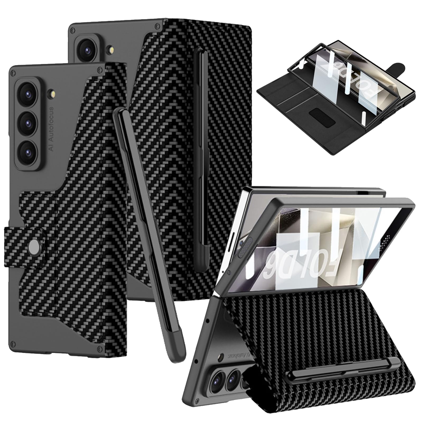 【送料無料】FODDOM Galaxy Z Fold6ケース ギャラクシーz フォールド6ケース 耐衝撃/汚れ防止/おしゃれ レザー/手帳型/スタンド機能/カード収納 レンズ保護 Fold6用全身保護 (カーボンファイバー)