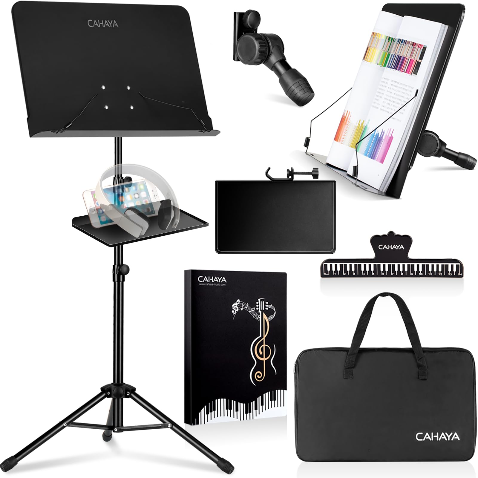 商品情報商品の説明主な仕様 【特許取得済み＆高さ調節可能】この譜面台のデザインは特許を取得済みです。特許番号はNo 007958624-0001です。また、高さは80cmから145cmまで調節可能、立奏、座奏と幅広く使用可能です。【二つの功能・トレイ付き】この譜面台は立て式の譜面台としても、デスクトップスタンドとしても使えます。また、トレイが付いて、カップ、携帯電話、ピック、かポスなどを置きます。より便利になりました。【使いやすい微調整用ノブ・持ち運びやすい】ミュージックトレイは180度まで傾けることができ、どんな高さのユーザーでも楽に楽譜を読めます。また、最大荷重は5.5kgで、楽譜だけでなく、譜面部分は本やタブレットも置けます。譜面乗せ部分の寸法は42cm x 31cmです。それに、折りたたみ式で、ソフトケースに収納でき、持ち運びも便利です。【優れた安定性を備えた頑丈な三脚】三脚の脚部がさらに外側に伸びて、もっと安定なタイプです。また、底部は滑り止めが付いています。【パッケージの内容】このパッケージにはトレイ ×1、楽譜ファイル ×1、楽譜クリップ ×1、収納バッグ ×1 、デスクトップホルダ ×1 、譜面トレイ ×1、伸縮式三脚 ×1 があります。楽譜フォルダーには40ポケットが付いて、80ページの楽譜が入れます。