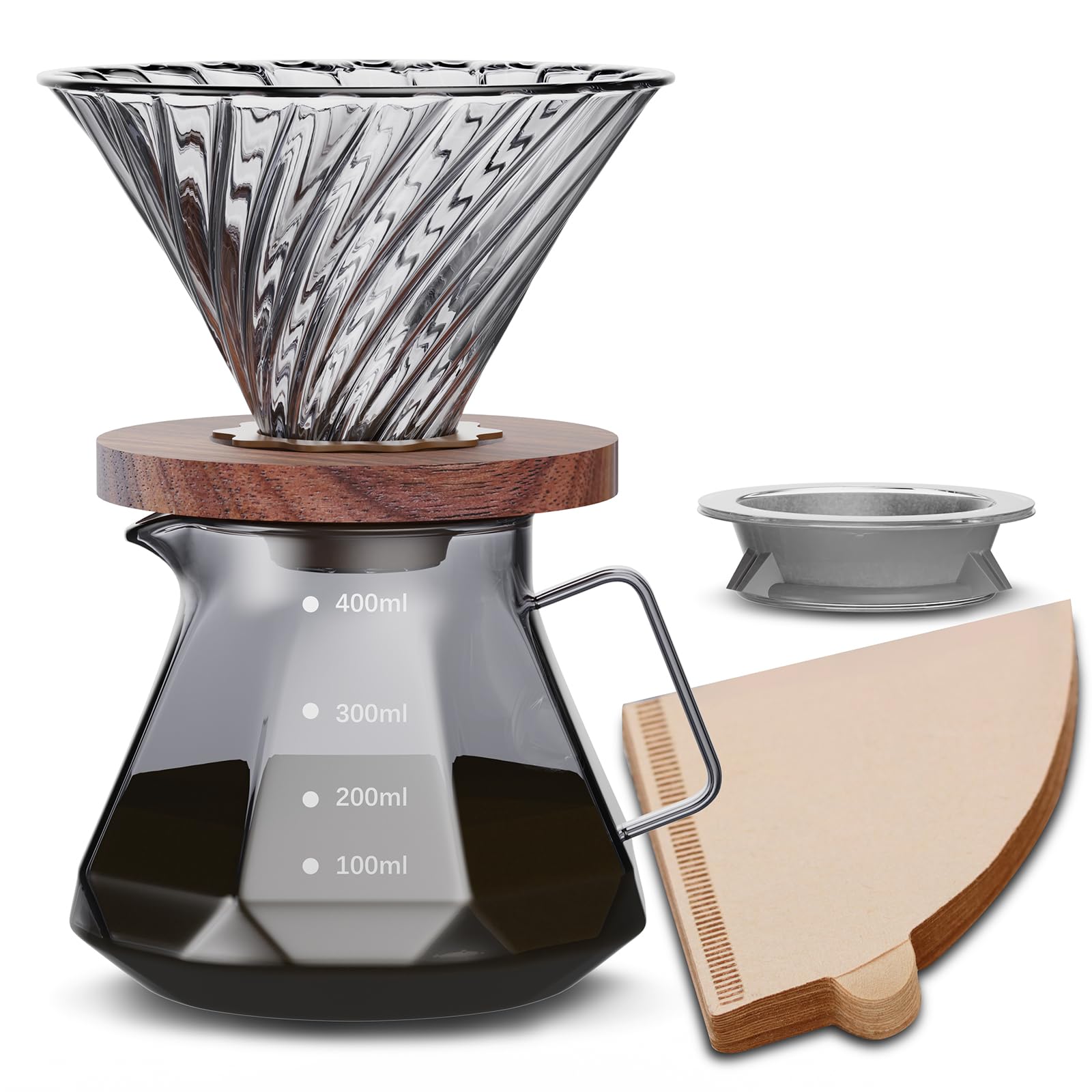【送料無料】ESTVLB コーヒーサーバー 耐熱ガラス 木製ホルダー コーヒードリッパー 400ml 目盛付き 1~2人用 コーヒー ドリップ 器具 コーヒー ドリップ道具 フタ付き ハンドドリップコーヒーサーバー コーヒードリップセット 喫茶店 カフェ