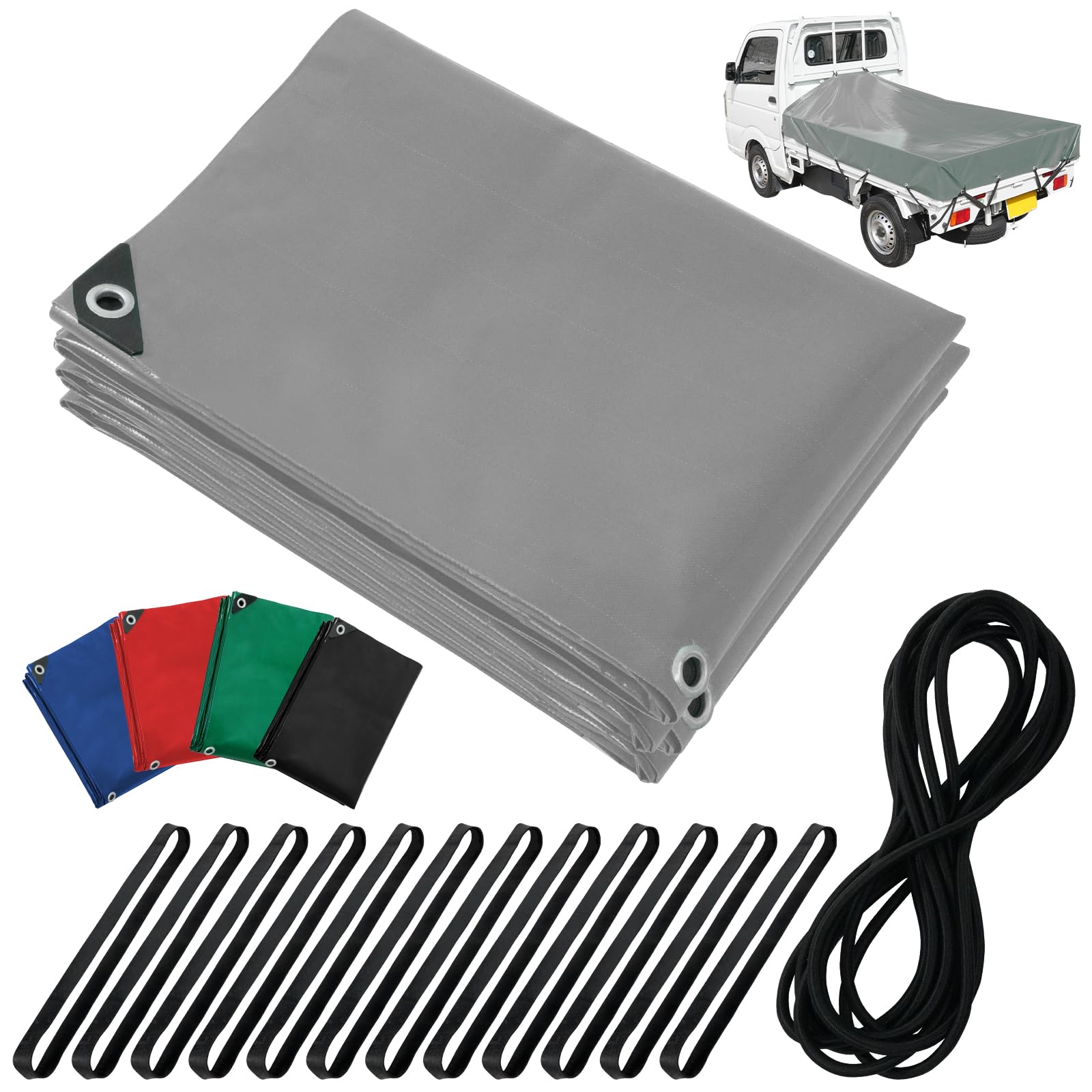 【送料無料】Webirth 日本企業 荷台シート 5色展開 輪っかタイプのゴムバンドと荷物固定用ロープつき 軽トラック 2tトラック 軽トラ トラックシート グレー グリーン (グレー2.1m×1.9m 軽トラック用)