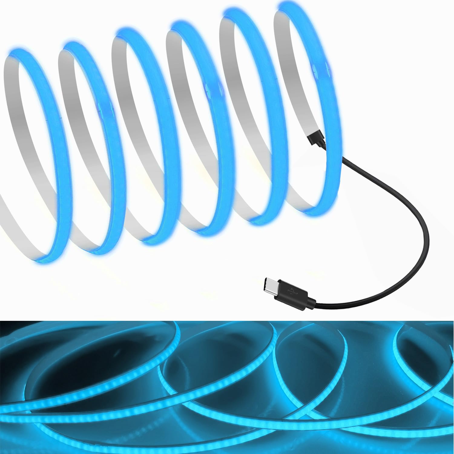 楽天COCO 生活便利グッズ【送料無料】RYE COB テープライト2.5m アイスブルー 5V TYPE C 接続ケーブルLEDストリップライト 5mm幅フレキシブル 高密度 LEDライトテープ 320LEDs/m 180°発光CRI=90 両面テープ変形可能 切断可能 デスク、PC、テレビ、ゲーム用アンビエントデコレーションライト寝室