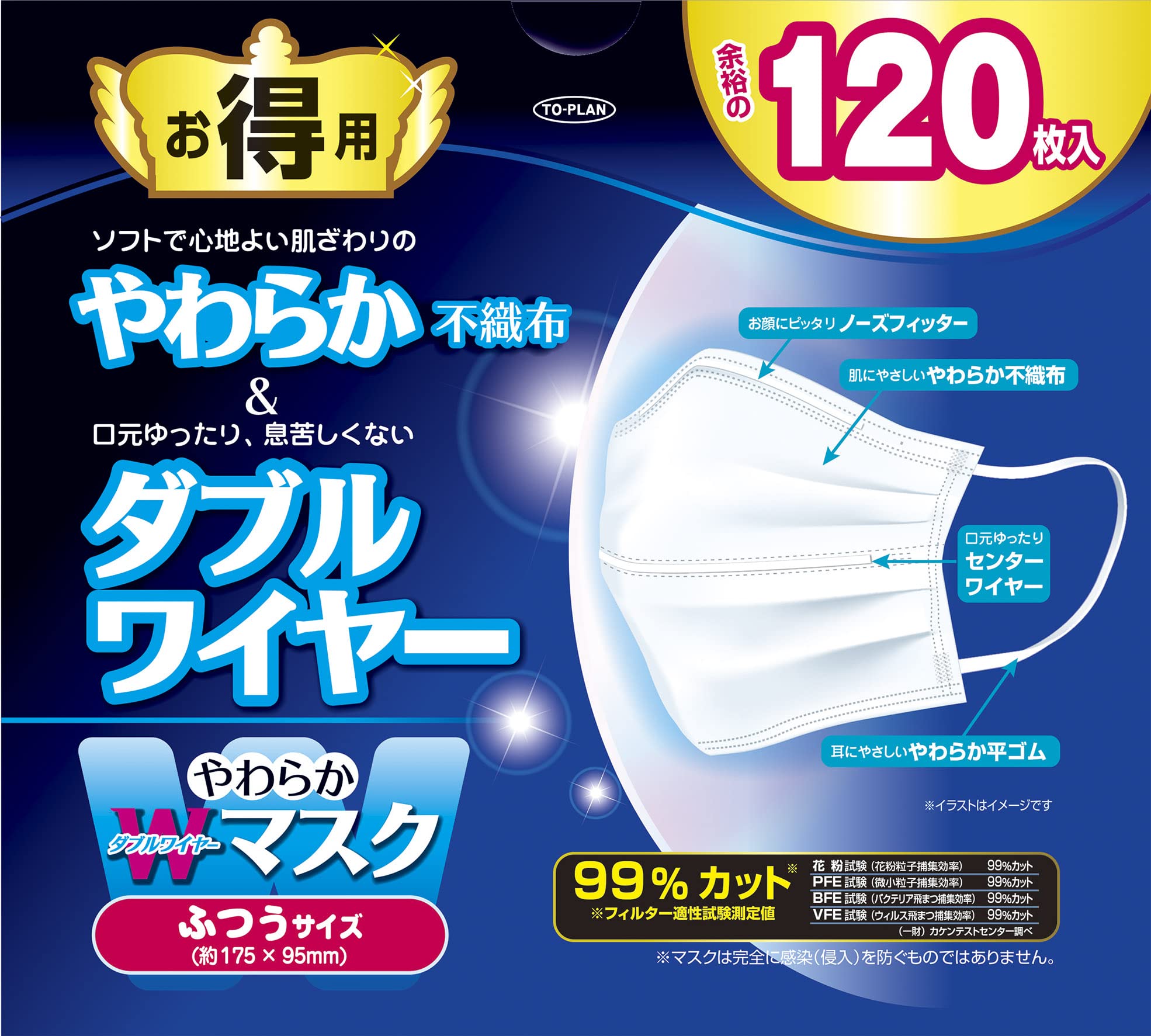 【送料無料】TO-PLAN(トプラン) やわらかWワイヤーマスク 120枚入 ふつうサイズ