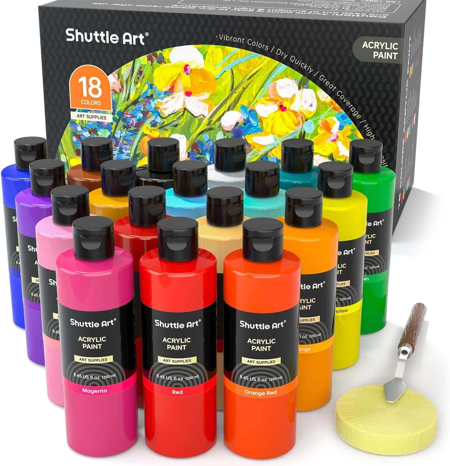 【送料無料】Shuttle Art アクリル絵の具 18色 250ml 大容量 絵の具セット ナイフ スポンジ付き 無毒 速乾 耐水 耐久 伸びがいい 鮮やか ...