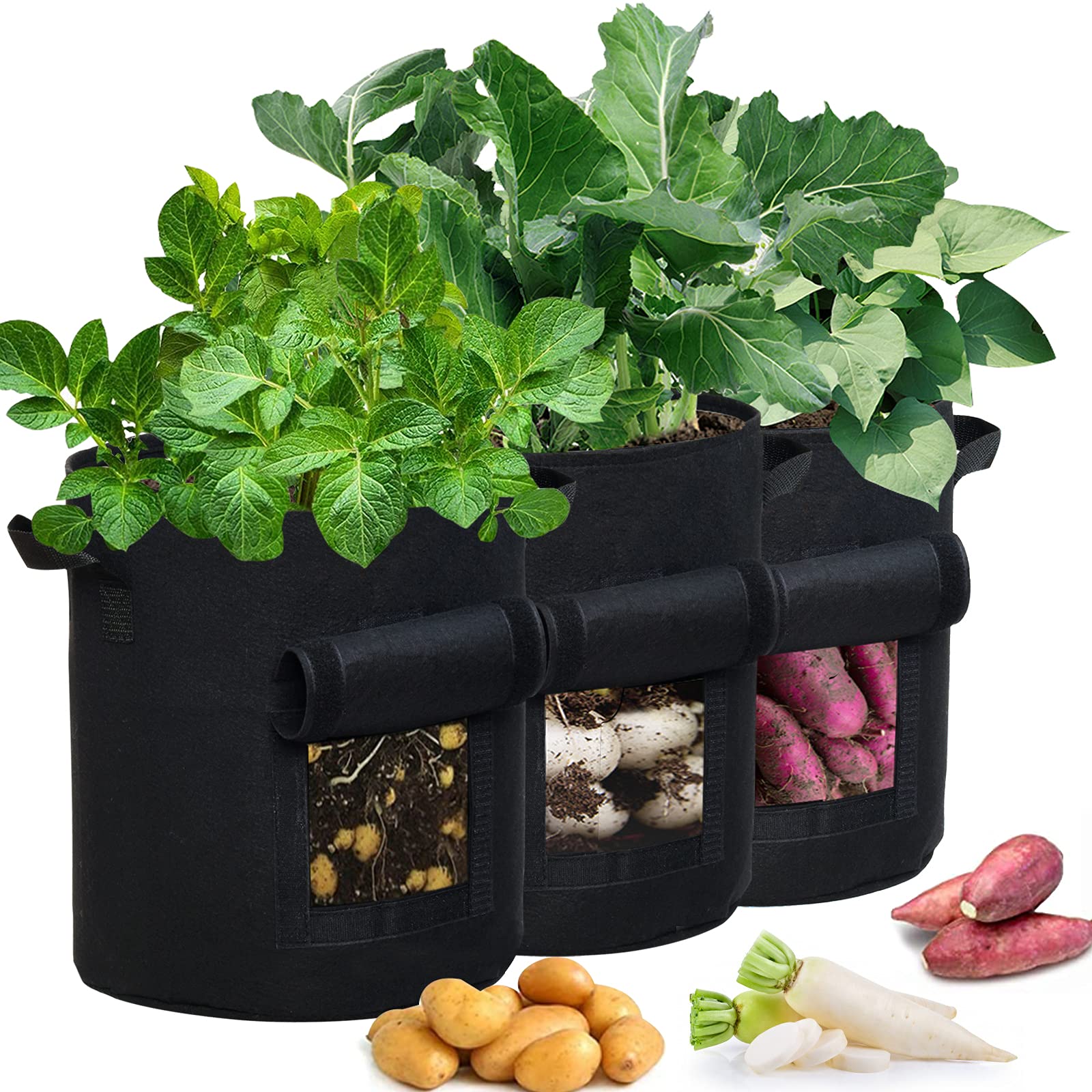 【送料無料】3個セット 7ガロン プランター 布鉢 栽培袋 窓がある 黒 フェルト 不織布ポット 植え袋 ガ..