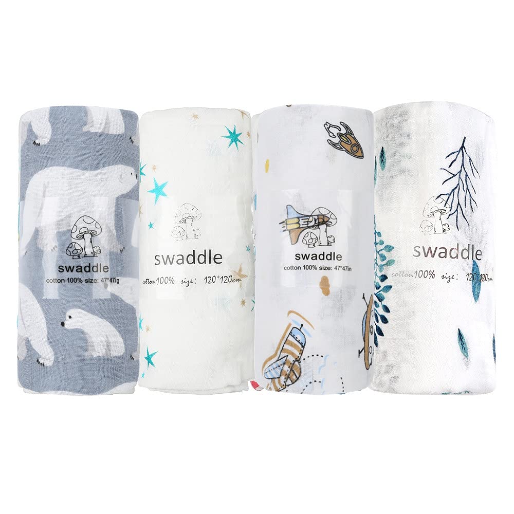 【送料無料】おくるみ ガーゼ ベビーバスタオル 新生児 ベビーブランケット 授乳ケープ 赤ちゃん スワドル 出産祝い 4枚セット 120*120cm 綿100％ (ブルー系4枚セット)